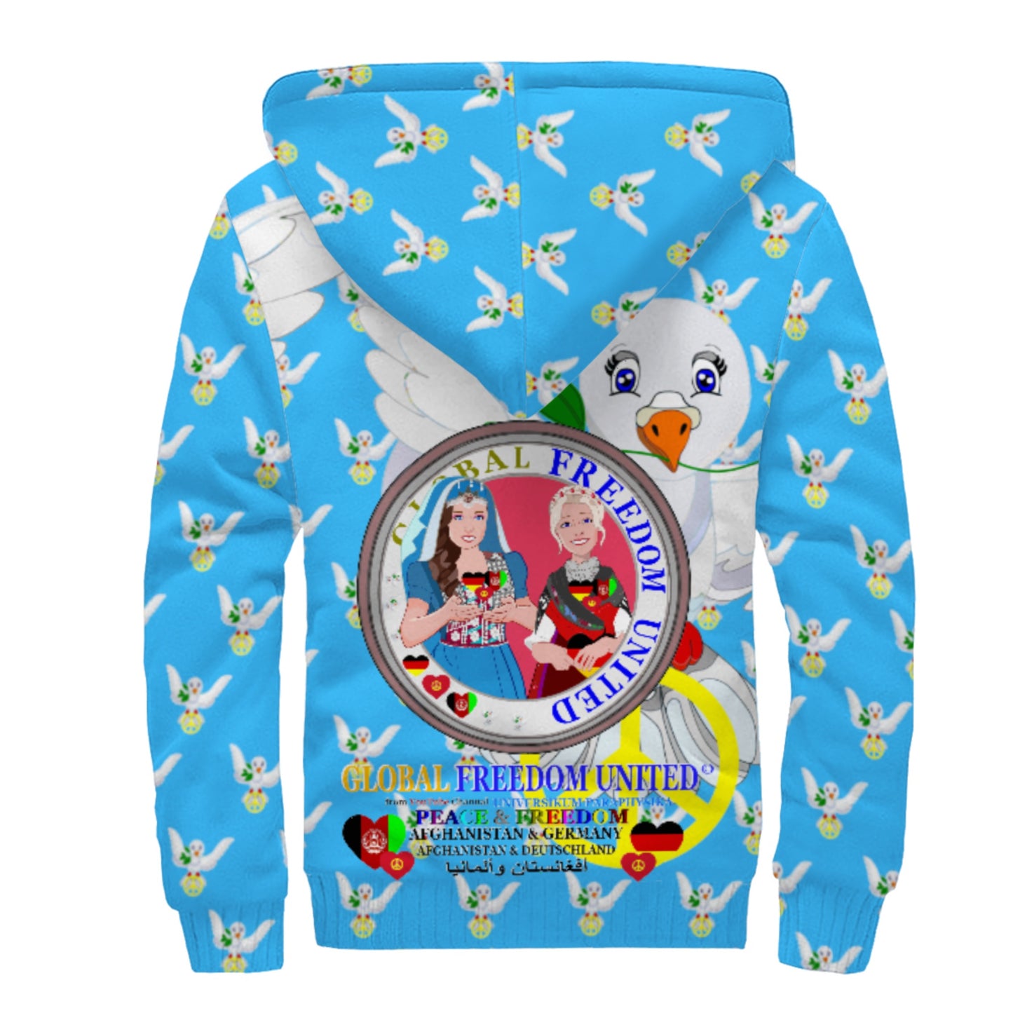 Plush Hoodie GLOBAL FREEDOM UNITED© AFGHANISTAN & GERMANY Blue Dove Of Peace