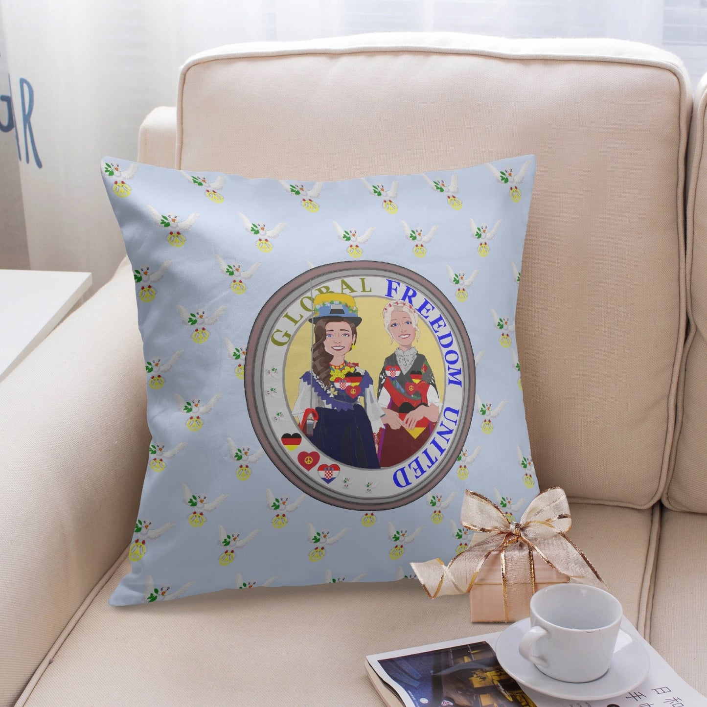 GLOBAL FREEDOM UNITED©  Women CROATIA & GERMANY LIGHT BLUE 18'' Square Pillow Cover