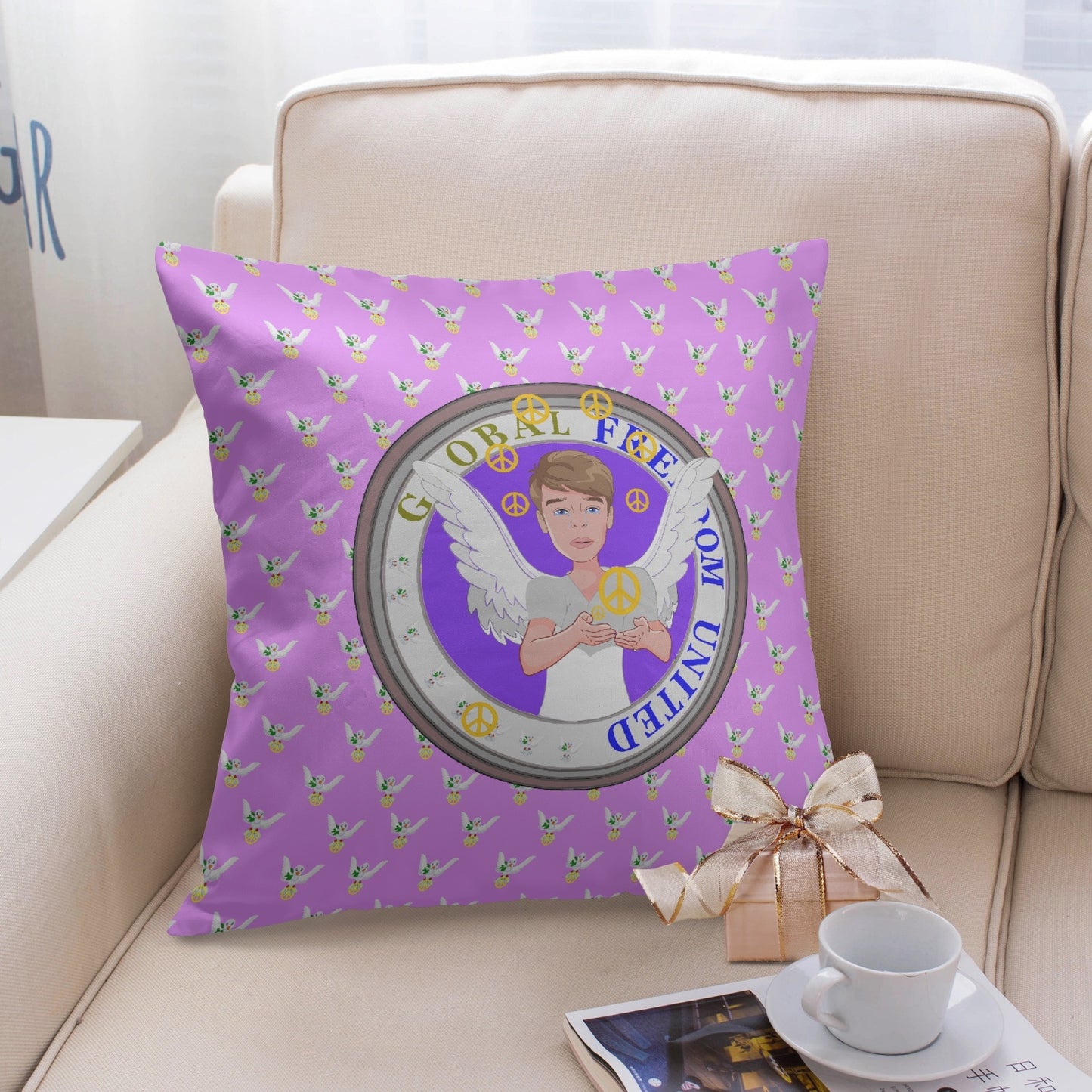 Square Pillow Cover GLOBAL FREEDOM UNITED MEN ANGEL OF PEACE LILAC