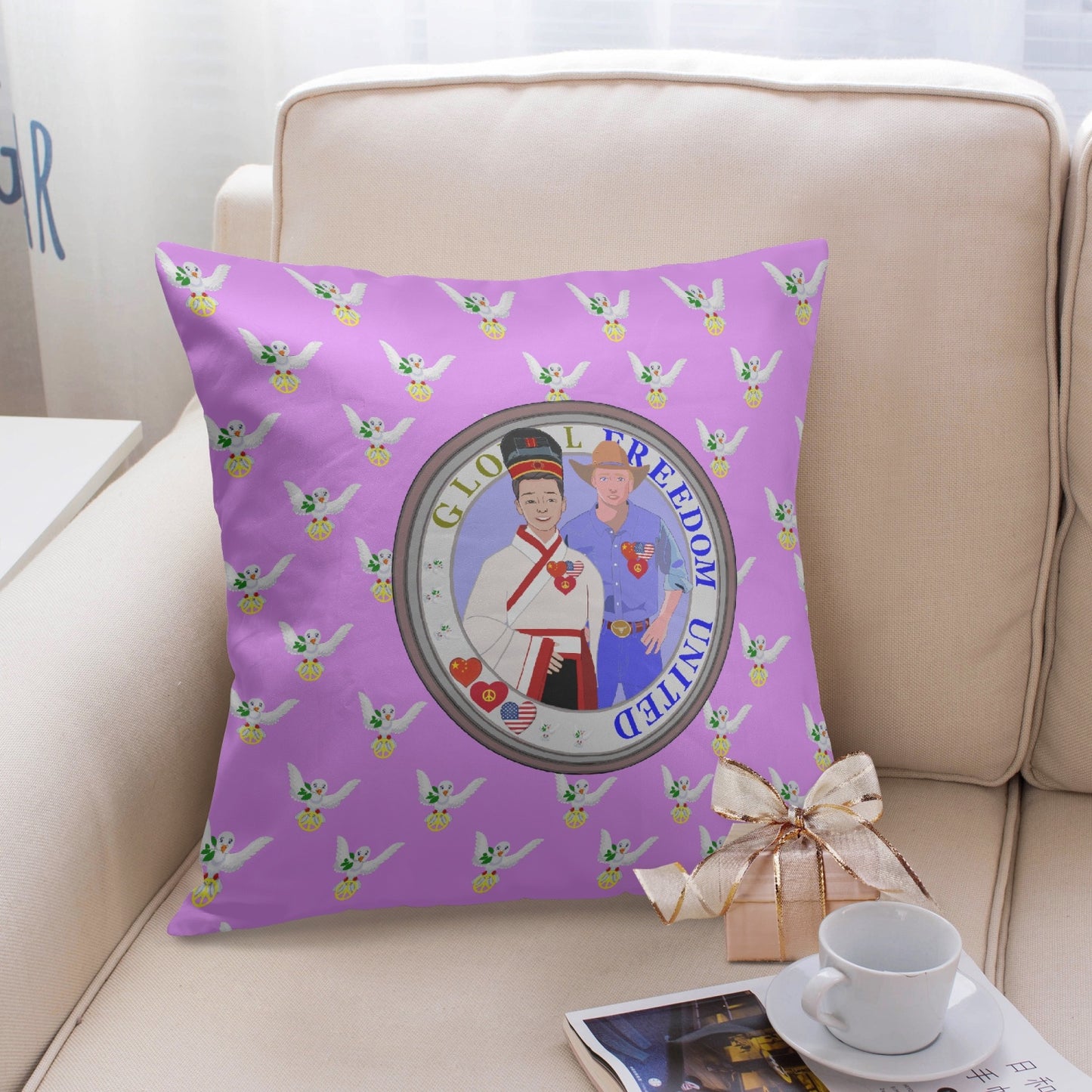 GLOBAL FREEDOM UNITED© Men USA & CHINA Lilac 8'' Square Pillow Cover
