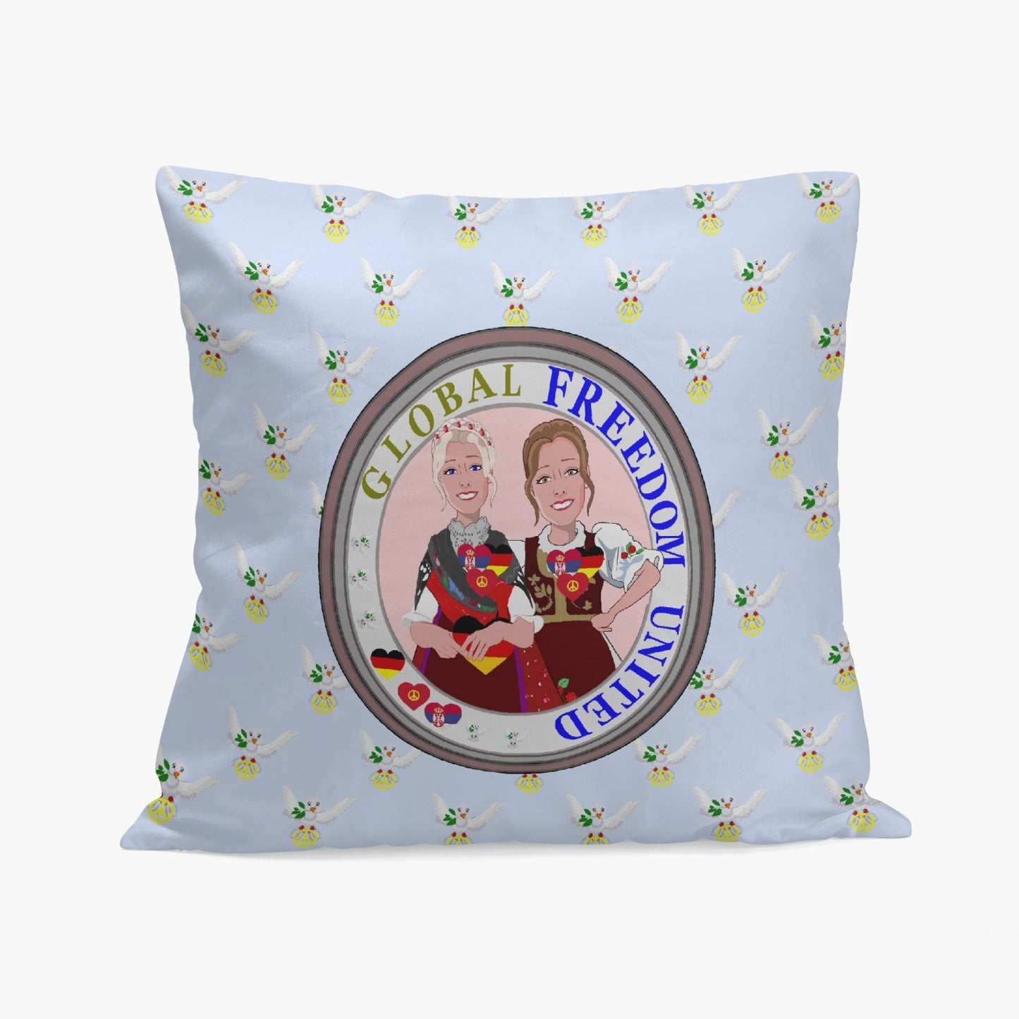 GLOBAL FREEDOM UNITED© Women Serbia & Germany LIGHT BLUE V1 18'' Square Pillow Cover
