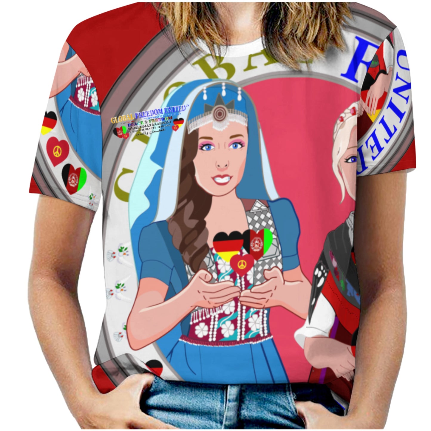 Full Print T-shirt Global Freedom United Women Afghanistan & Germany Old Peace Red