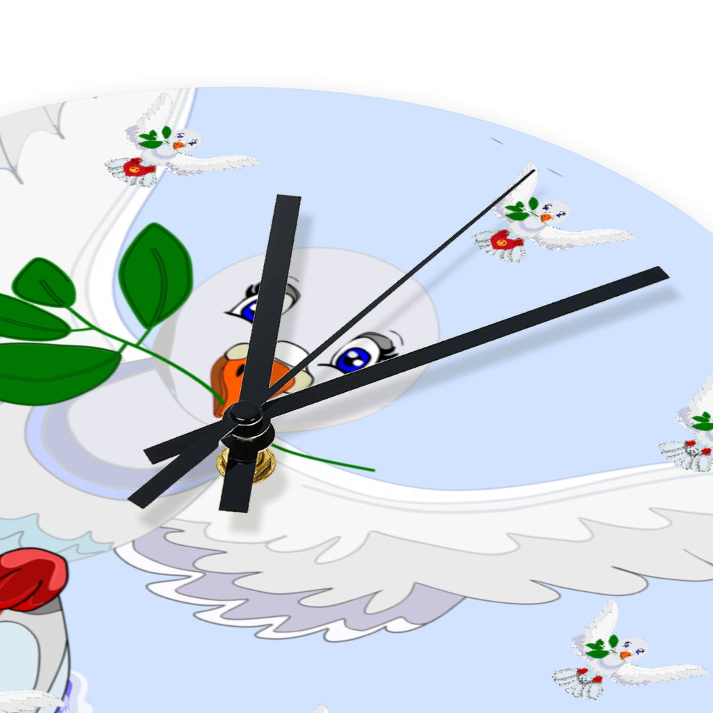 Wooden Wall Clock Without Scale GLOBAL FREEDOM UNITED© Dove Of Peace Roses Blue