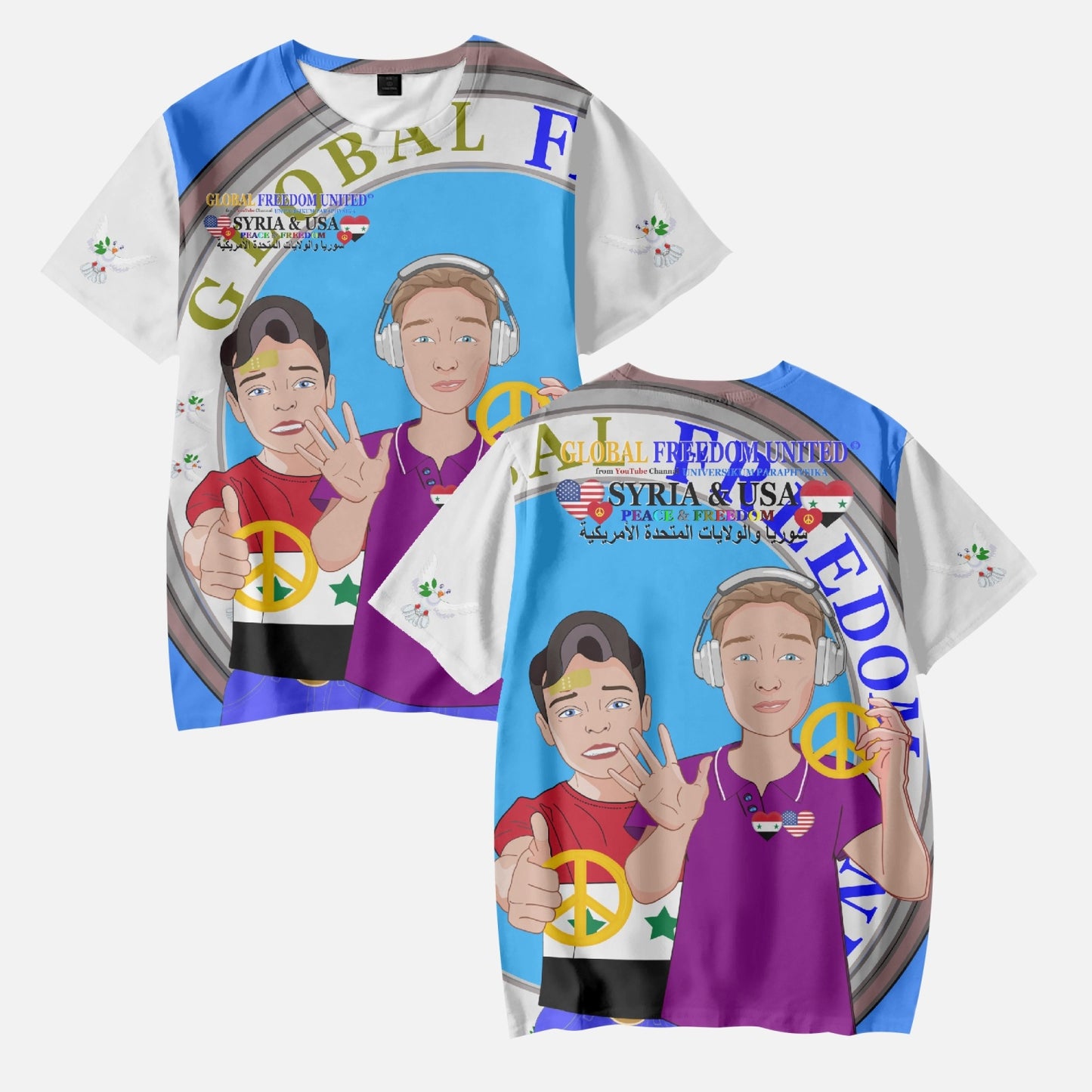 GLOBAL FREEDOM UNITED BOYS SYRIA & USA OLD PEACE BLUE AOP Kids' Short T-Shirts