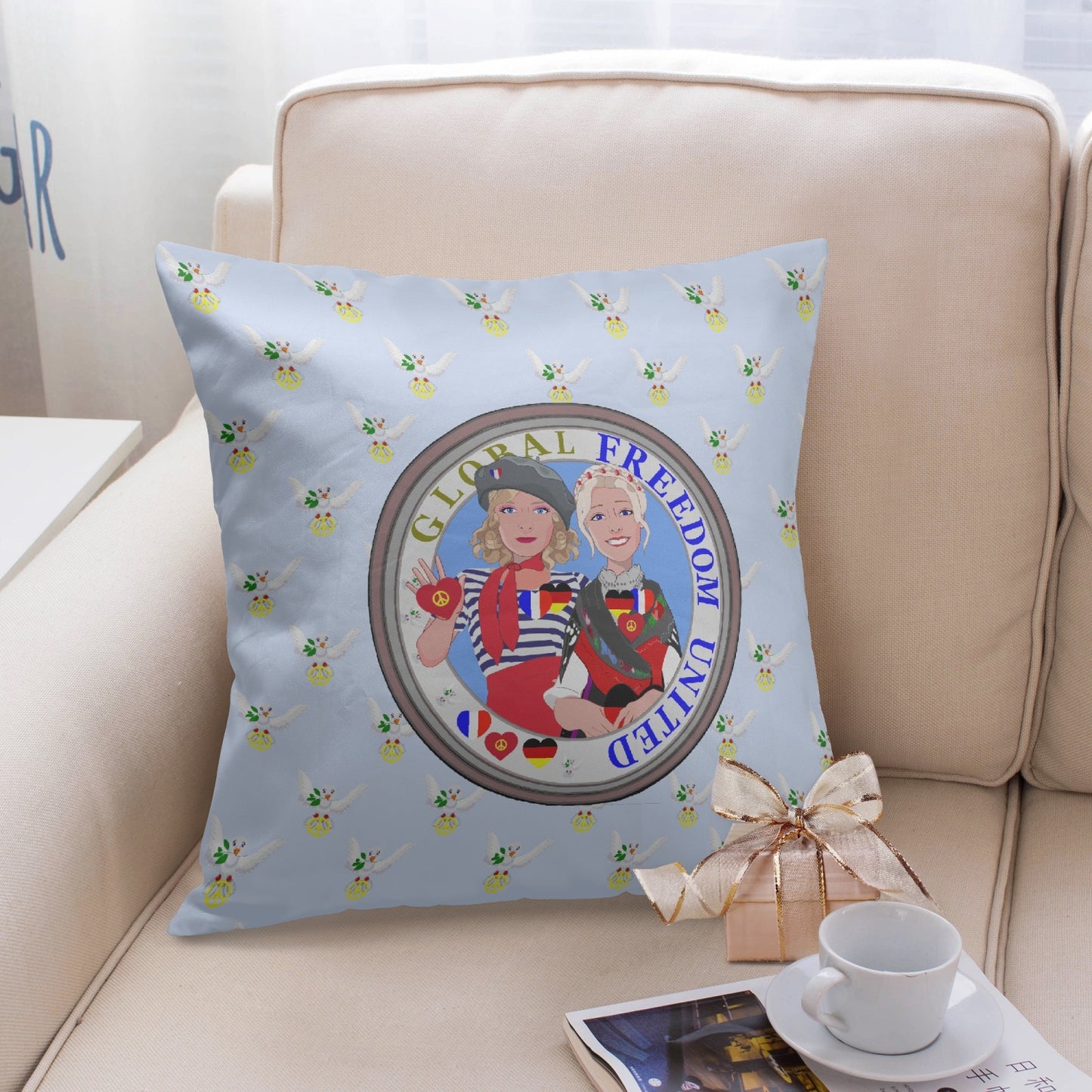 GLOBAL FREEDOM UNITED© Women FRENCH & GERMANY Light Blue 18'' Square Pillow Cover