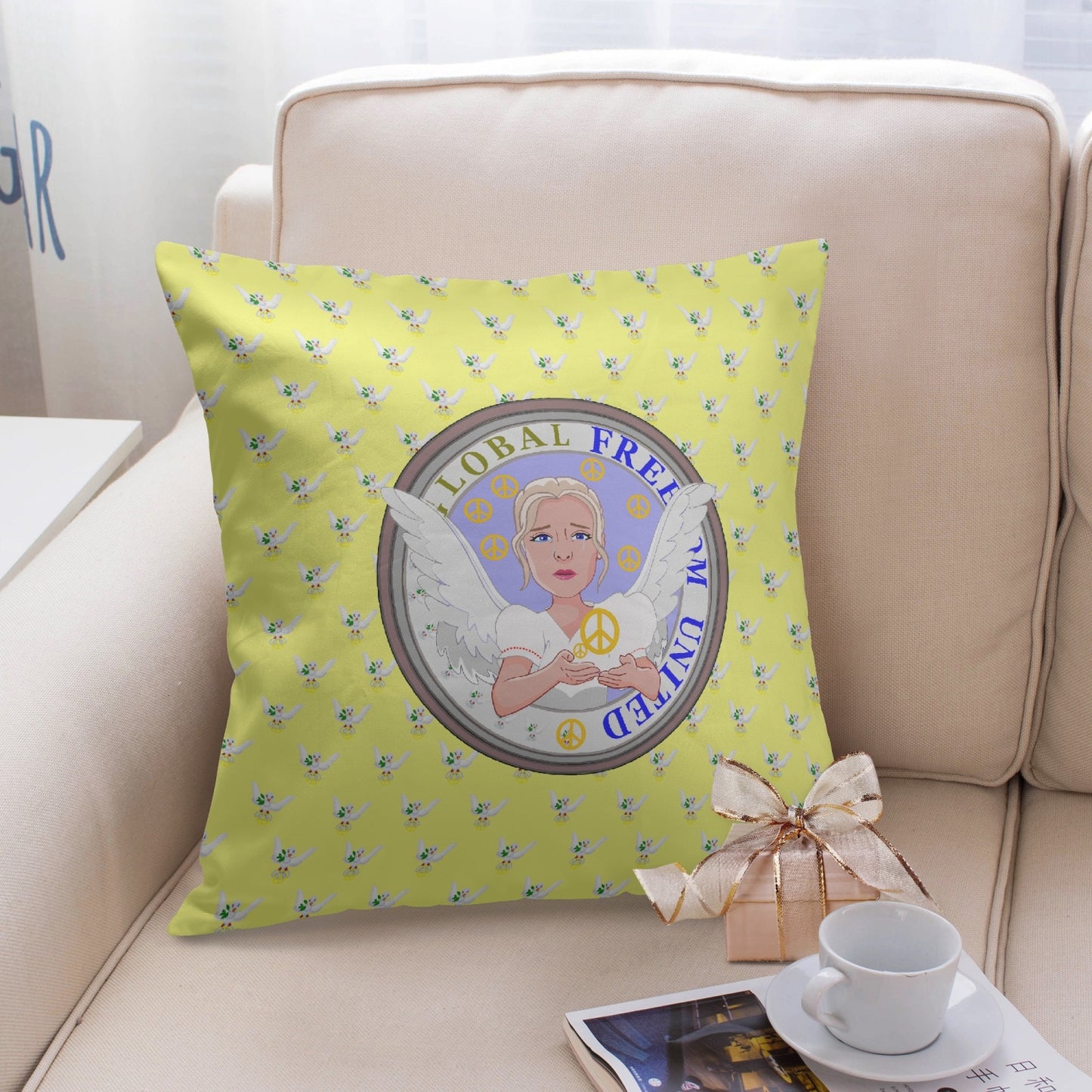 Square Pillow Cover GLOBAL FREEDOM UNITED WOMEN ANGEL OF PEACE YELLOW