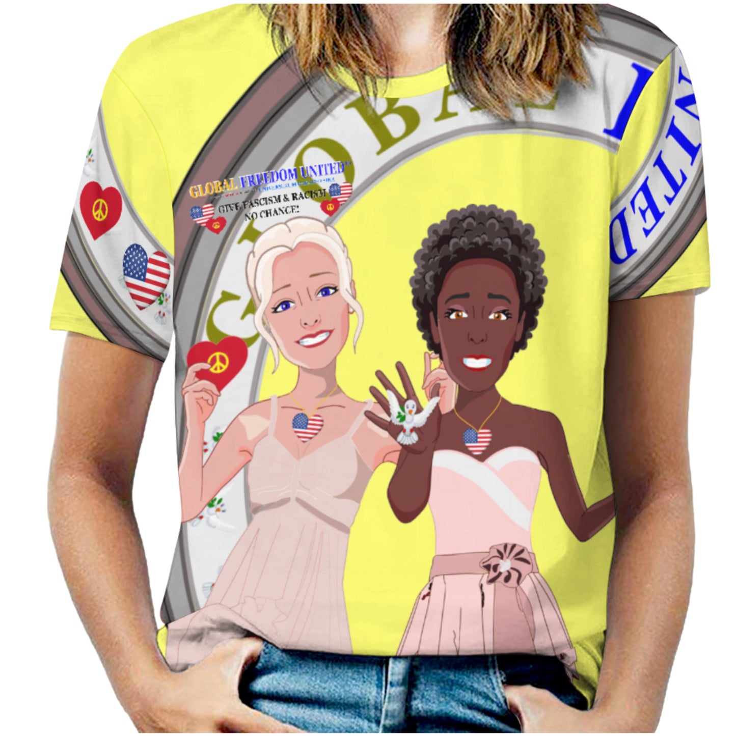 Women´s T-Shirt 3 GLOBAL FREEDOM UNITED© Women Anti Fascism & Racism USA Yellow