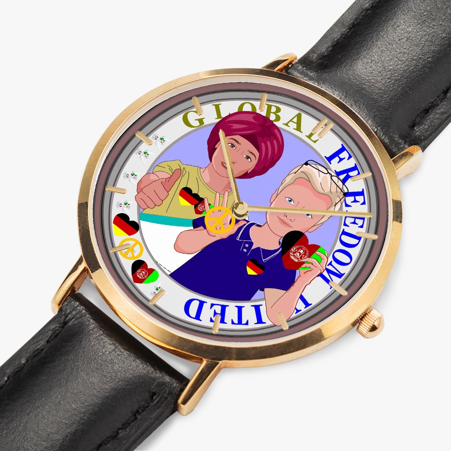 GLOBAL FREEDOM UNITED© Men AFGHANISTAN & GERMANY - Hot Selling Ultra-Thin Leather Strap Quartz Watch (Rose Gold With Indicators)