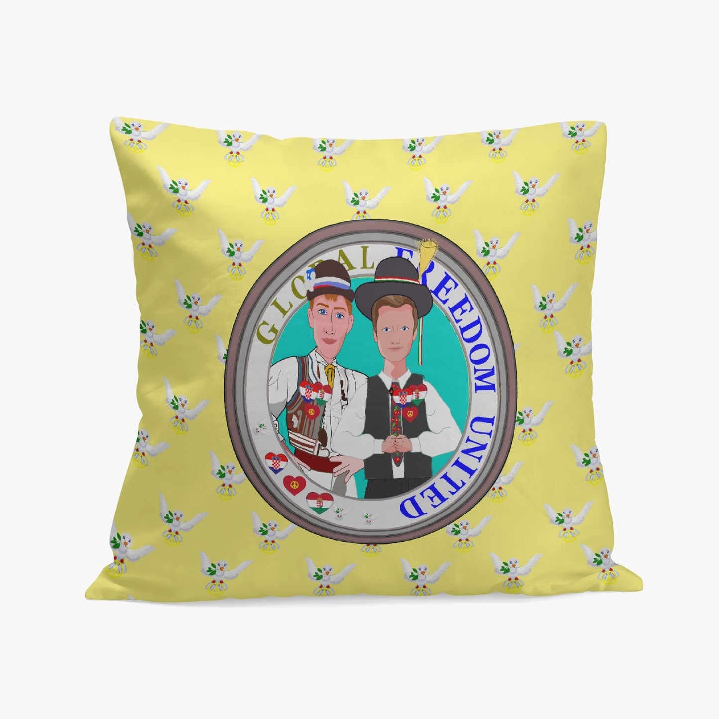GLOBAL FREEDOM UNITED© Men CROATIA & HUNGARY Yellow 18'' Square Pillow Cover