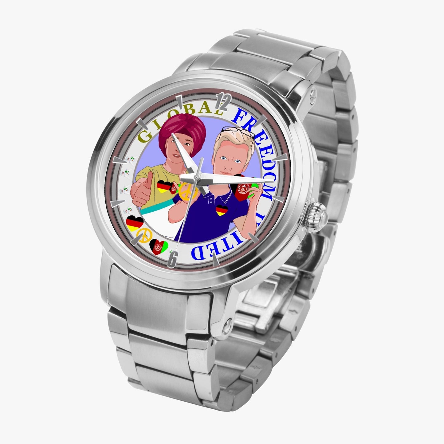 GLOBAL FREEDOM UNITED© Men AFGHANISTAN & GERMANY - New Steel Strap Automatic Watch (With Indicators)