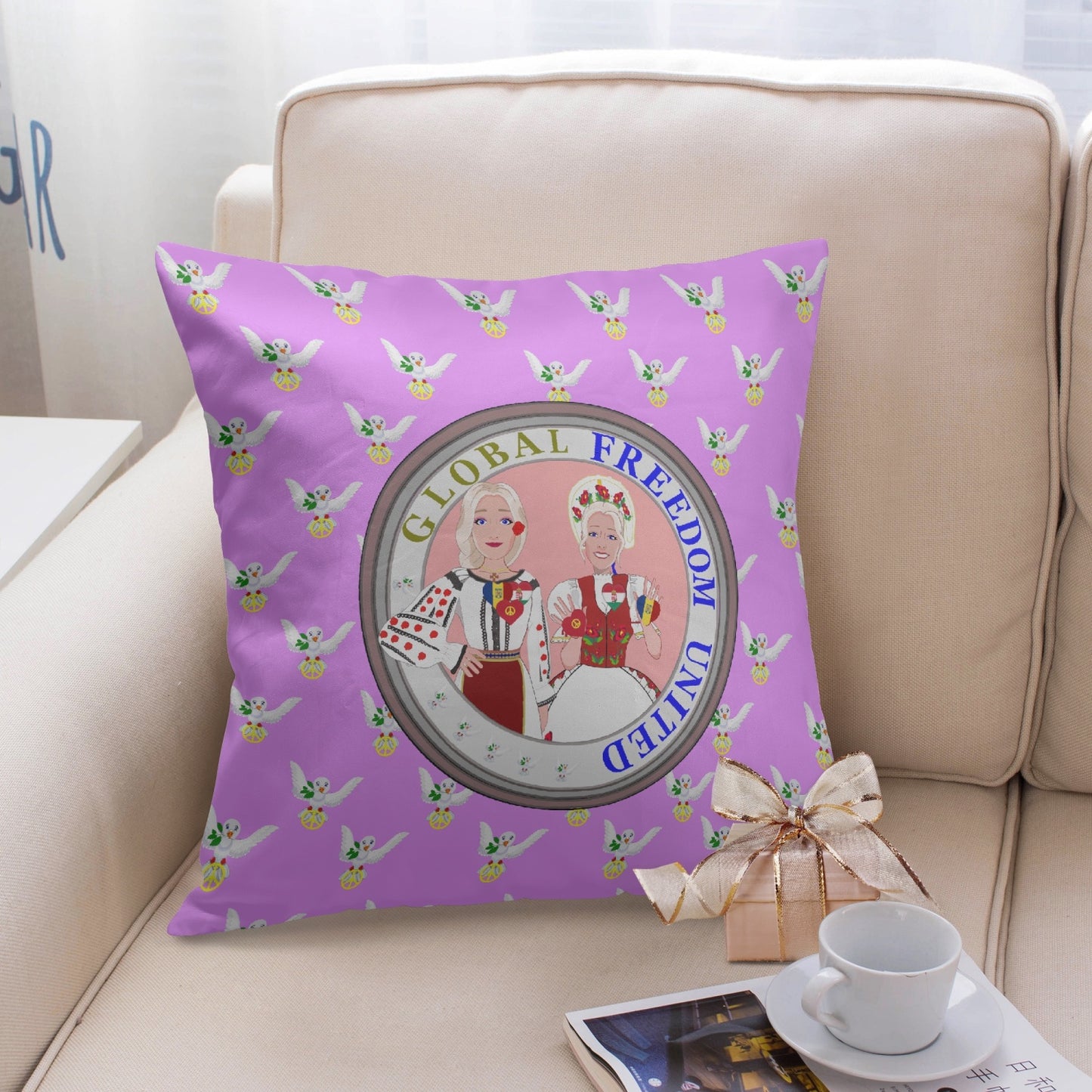 GLOBAL FREEDOM UNITED© Women ROMANIA & HUNGARY Lilac V1 18'' Square Pillow Cover