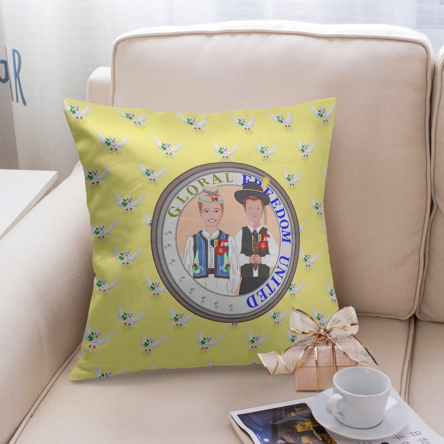 GLOBAL FREEDOM UNITED© Men ROMANIA & HUNGARY Yellow 18'' Square Pillow Cover