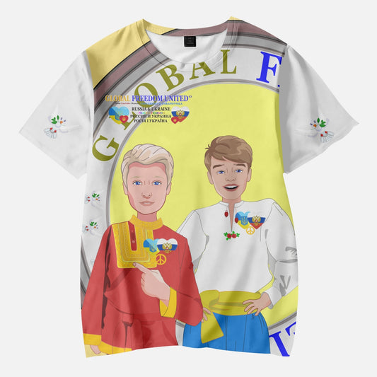 GLOBAL FREEDOM UNITED BOYS UKRAINE & RUSSIA OLD PEACE YELLOW AOP Kids' Short T-Shirts