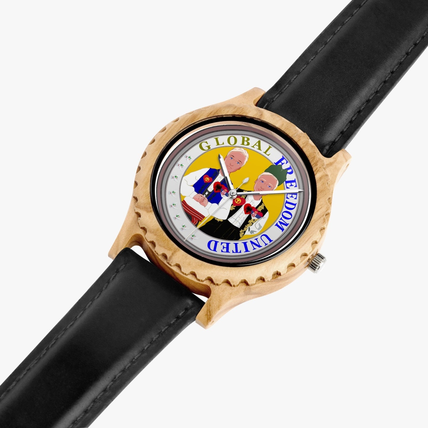 GLOBAL FREEDOM UNITED MEN ALBANIA & SERBIA NEW PEACE Italian Olive Lumber Wooden Watch - Leather Strap