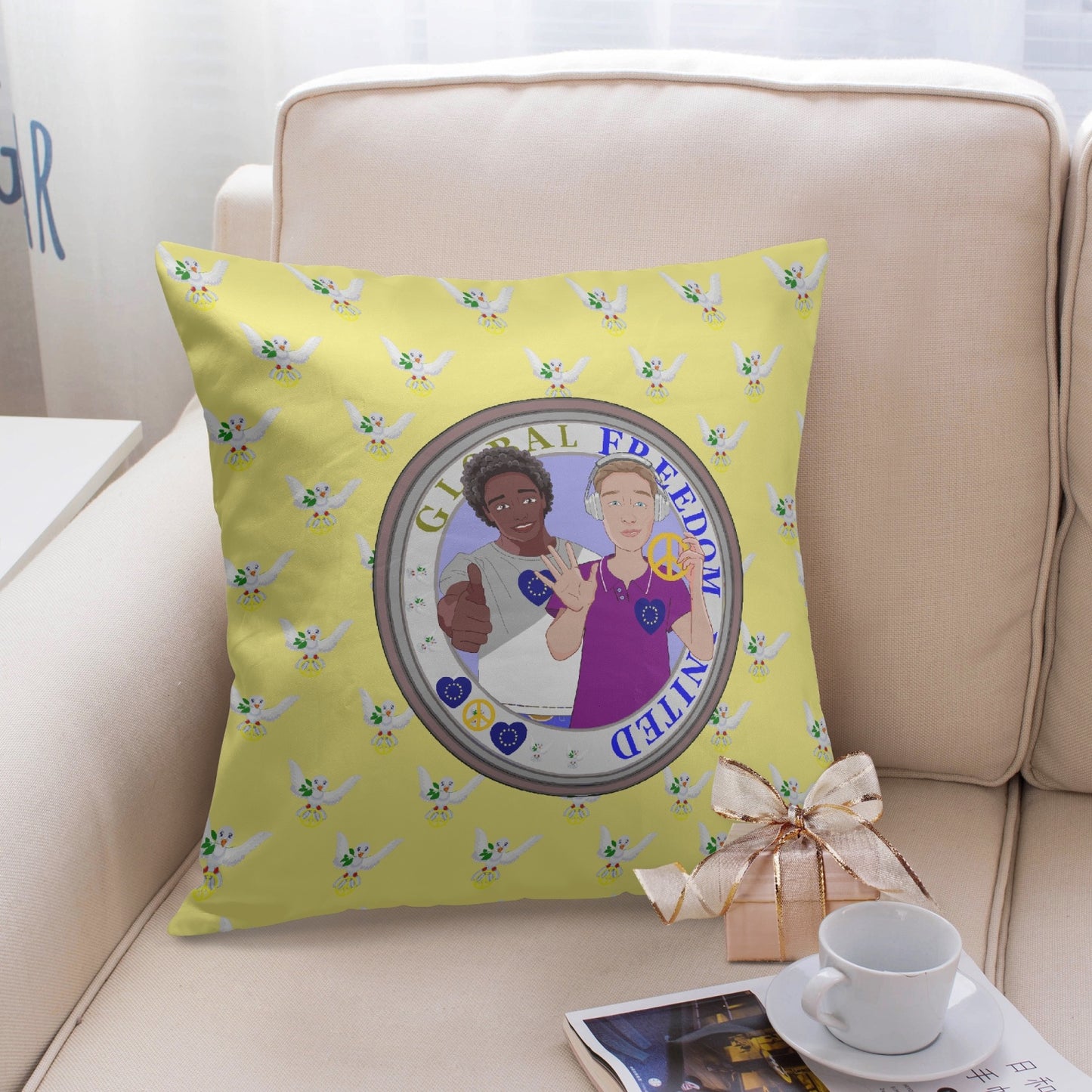 GLOBAL FREEDOM UNITED© Men Anti Fascism & Racism YELLOW EU 18'' Square Pillow Cover