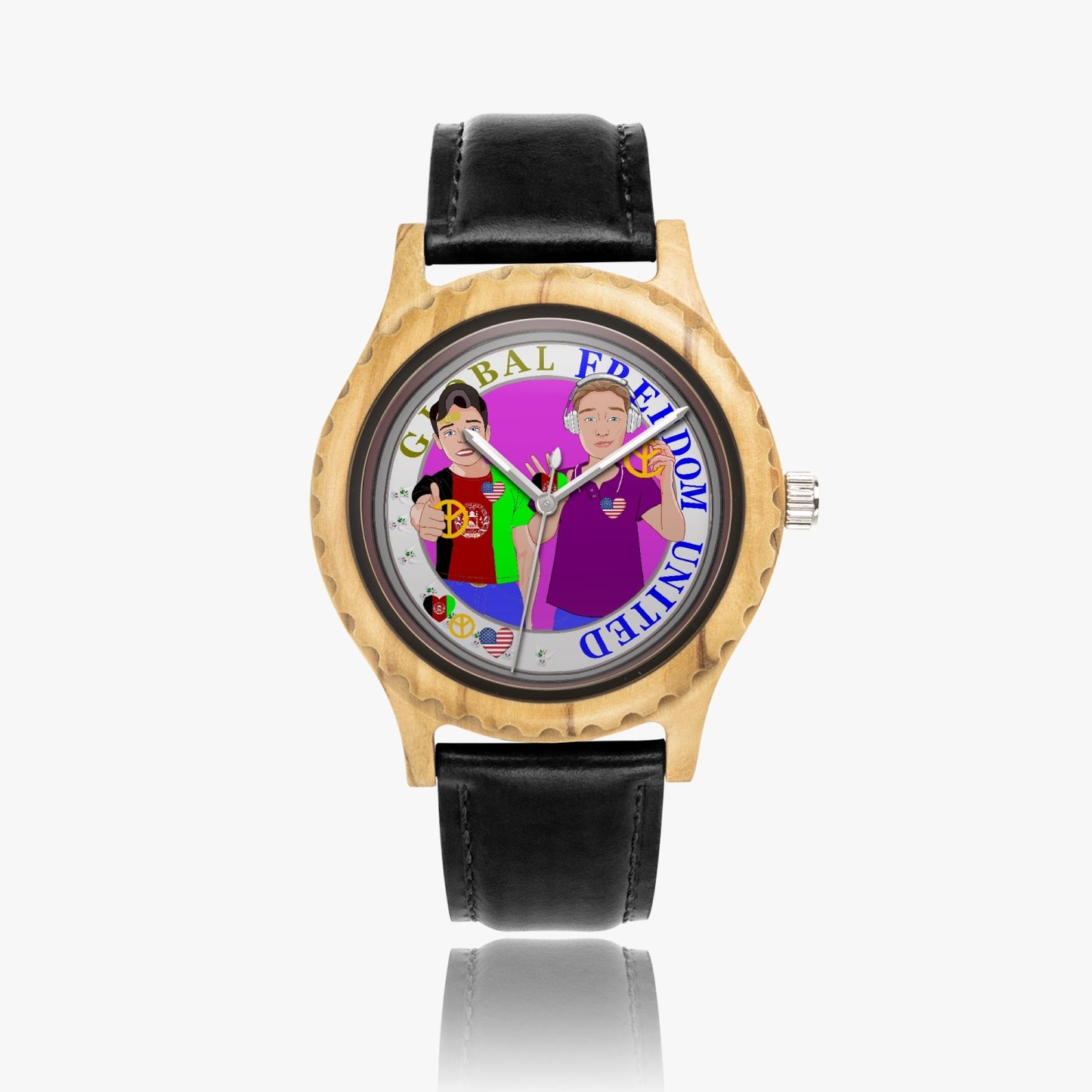 GLOBAL FREEDOM UNITED© Men AFGHANISTAN & USA -  Italian Olive Lumber Wooden Watch - Leather Strap