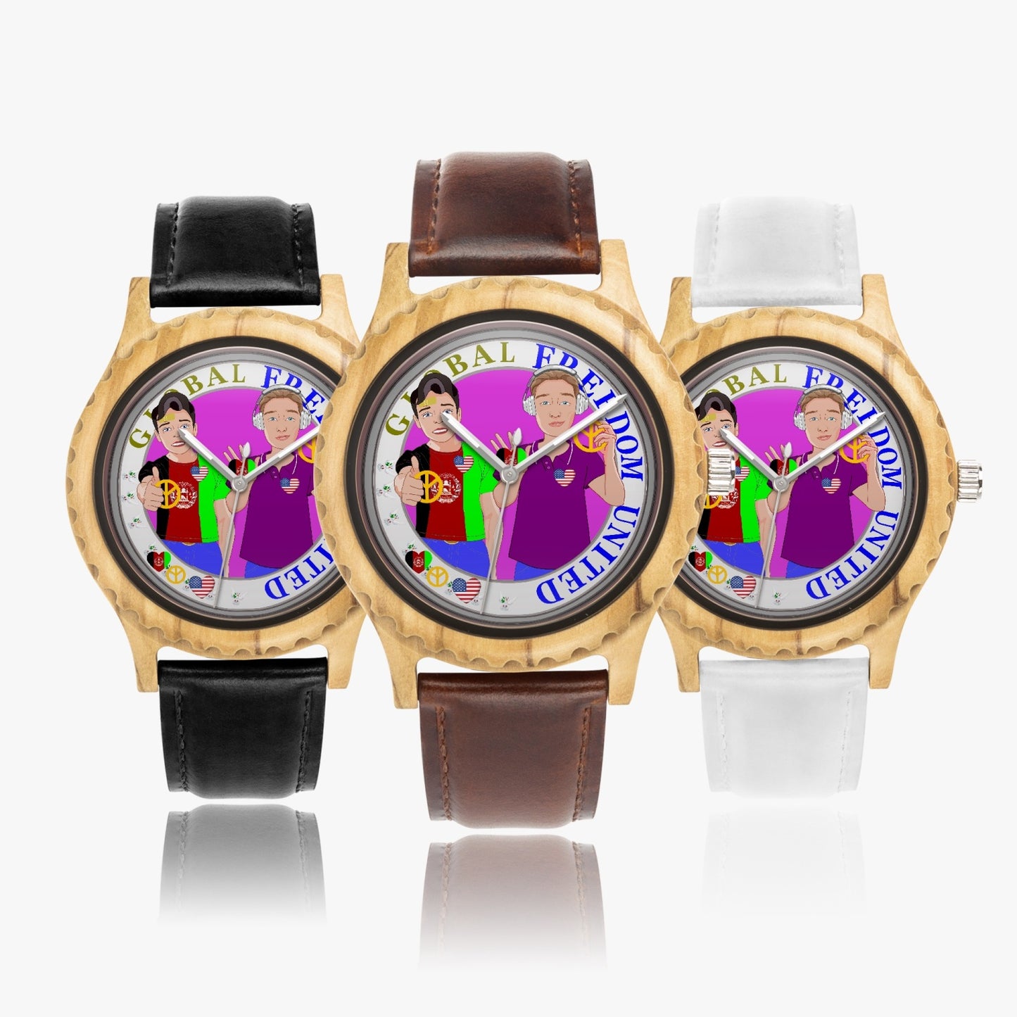 GLOBAL FREEDOM UNITED© Men AFGHANISTAN & USA -  Italian Olive Lumber Wooden Watch - Leather Strap