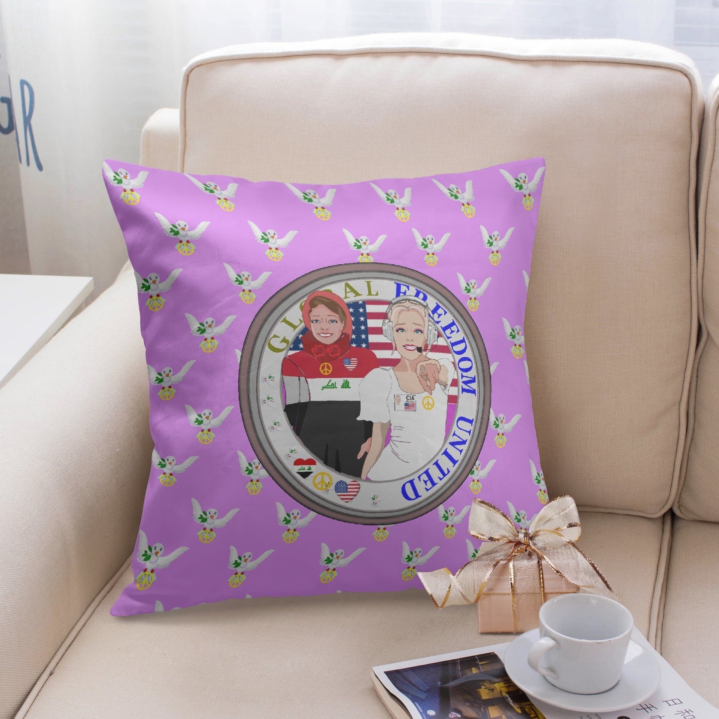 GLOBAL FREEDOM UNITED© Women IRAQ & USA LILAC 18'' Square Pillow Cover