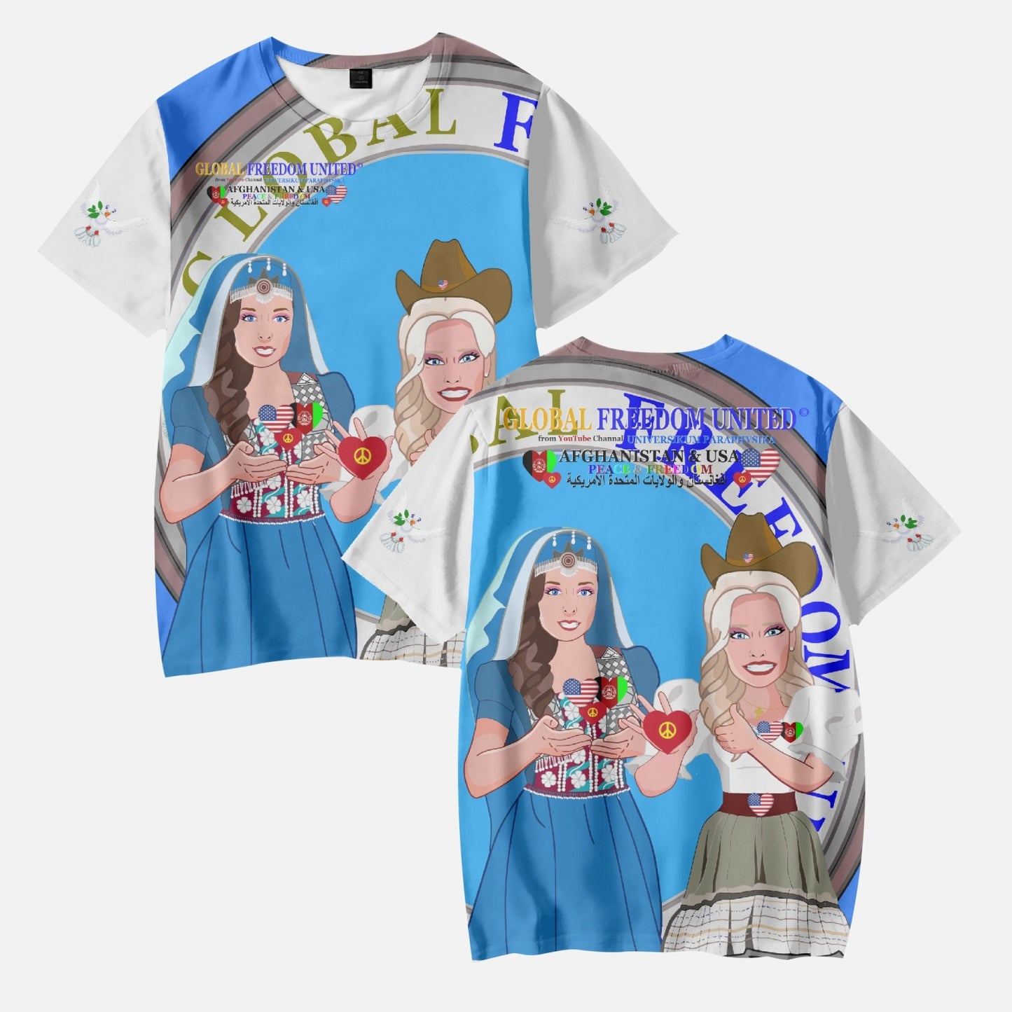 GLOBAL FREEDOM UNITED© Girl AFGHANISTAN & USA  BLUE AOP Kids' Short T-Shirts