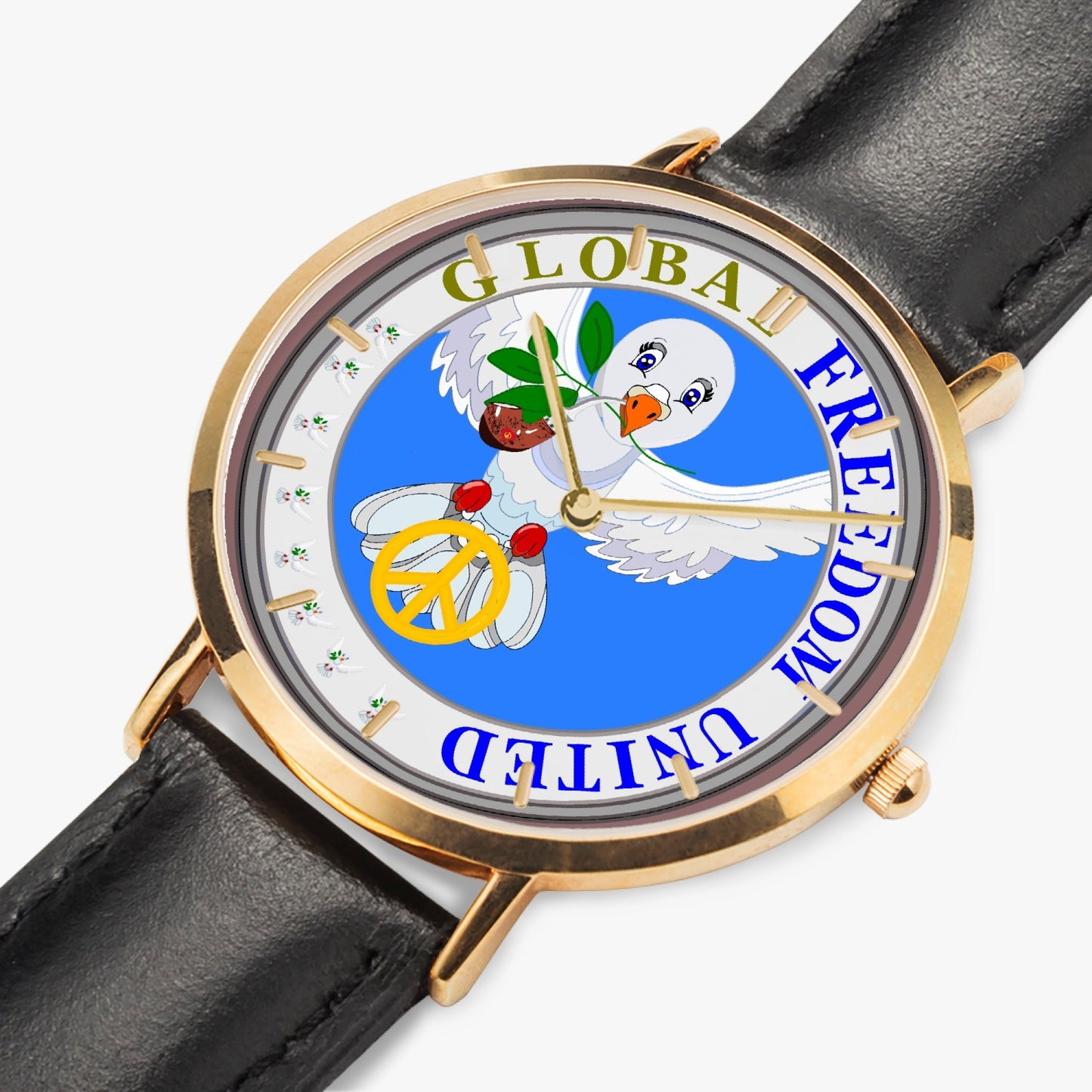 GLOBAL FREEDOM UNITED© Hot Selling Ultra-Thin Leather Strap Quartz Watch (Rose Gold With Indicators) DOVE OF PEACE  BLUE WITH PIPE
