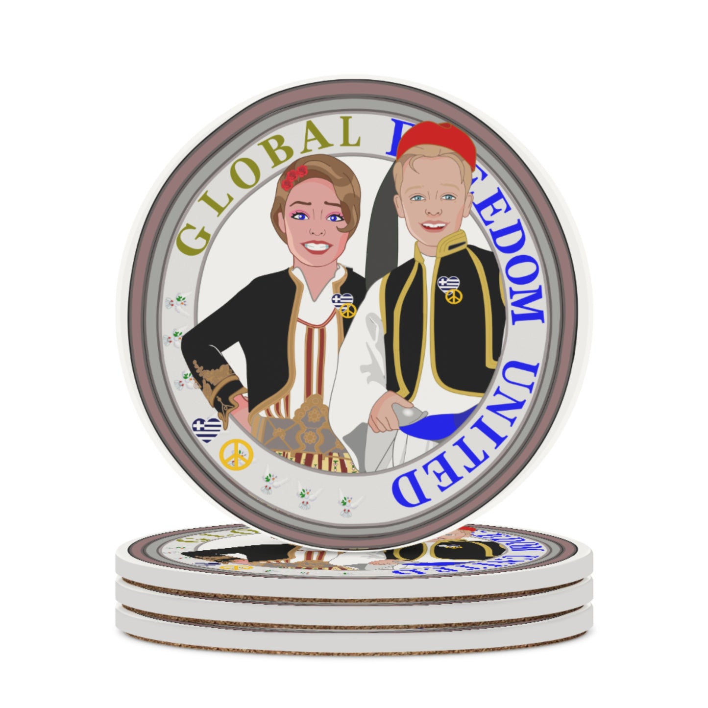 Ceramic Coasters GLOBAL FREEDOM UNITED© Couple Edition Greece