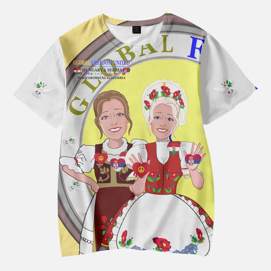 GLOBAL FREEDOM UNITED GIRLS SERBIA & HUNGARIE OLD PEACE YELLOW AOP Kids' Short T-Shirts