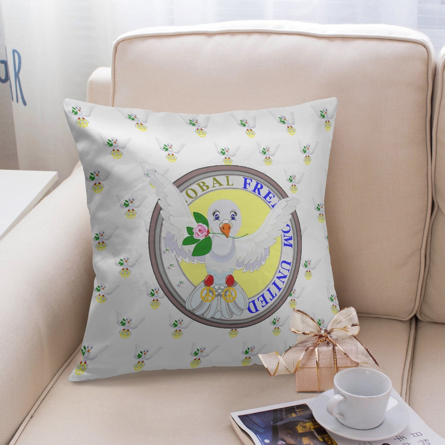GLOBAL FREEDOM UNITED©  DOVE OF PEACE  WIGHT YELLOW 18'' Square Pillow Cover