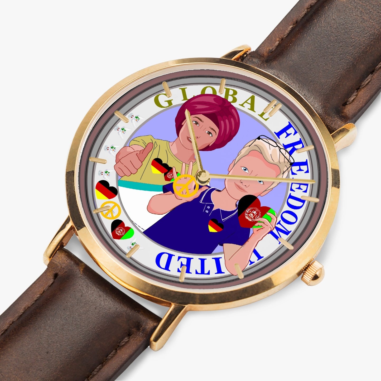 GLOBAL FREEDOM UNITED© Men AFGHANISTAN & GERMANY - Hot Selling Ultra-Thin Leather Strap Quartz Watch (Rose Gold With Indicators)