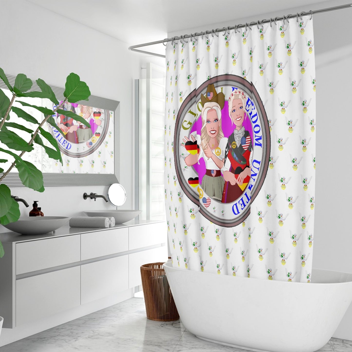 SHOWER CURTAIN GLOBAL FREEDOM UNITED WOMEN GERMANY & USA OLD PEACE WIGHT