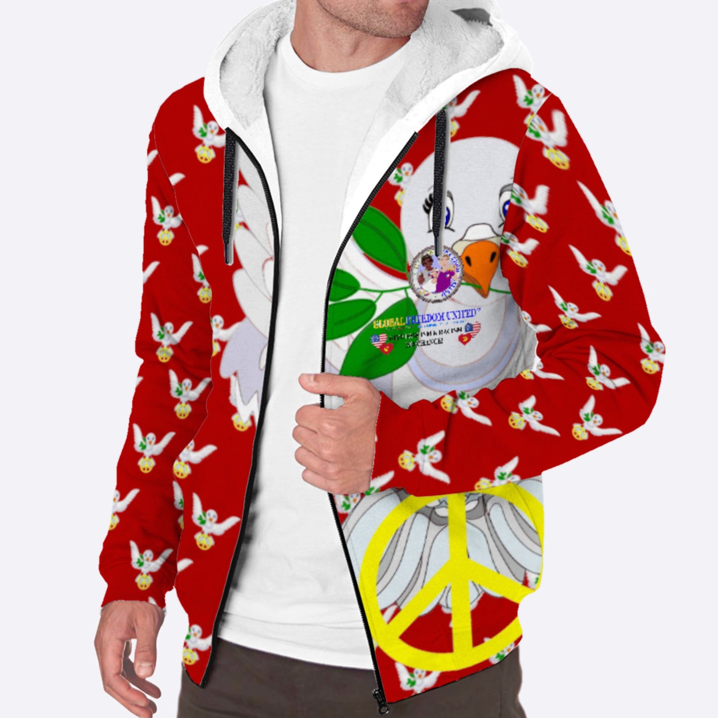 Plush Hoodie GLOBAL FREEDOM UNITED© Men Anti Fascism & Racism USA Red