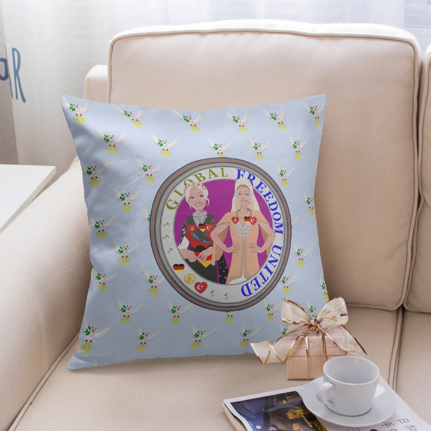 GLOBAL FREEDOM UNITED WOMEN  GERMANY & TURKEY OLD PEACE LIGHT BLUE 18'' Square Pillow Cover