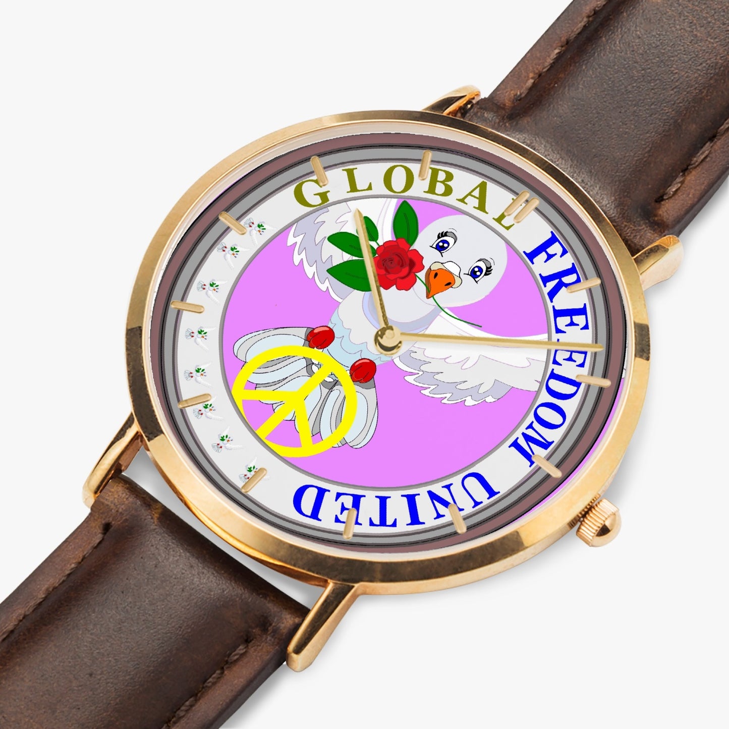 GLOBAL FREEDOM UNITED DOVE OF PEACE OLD PEACE RED ROSES Hot Selling Ultra-Thin Leather Strap Quartz Watch (Rose Gold With Indicators)