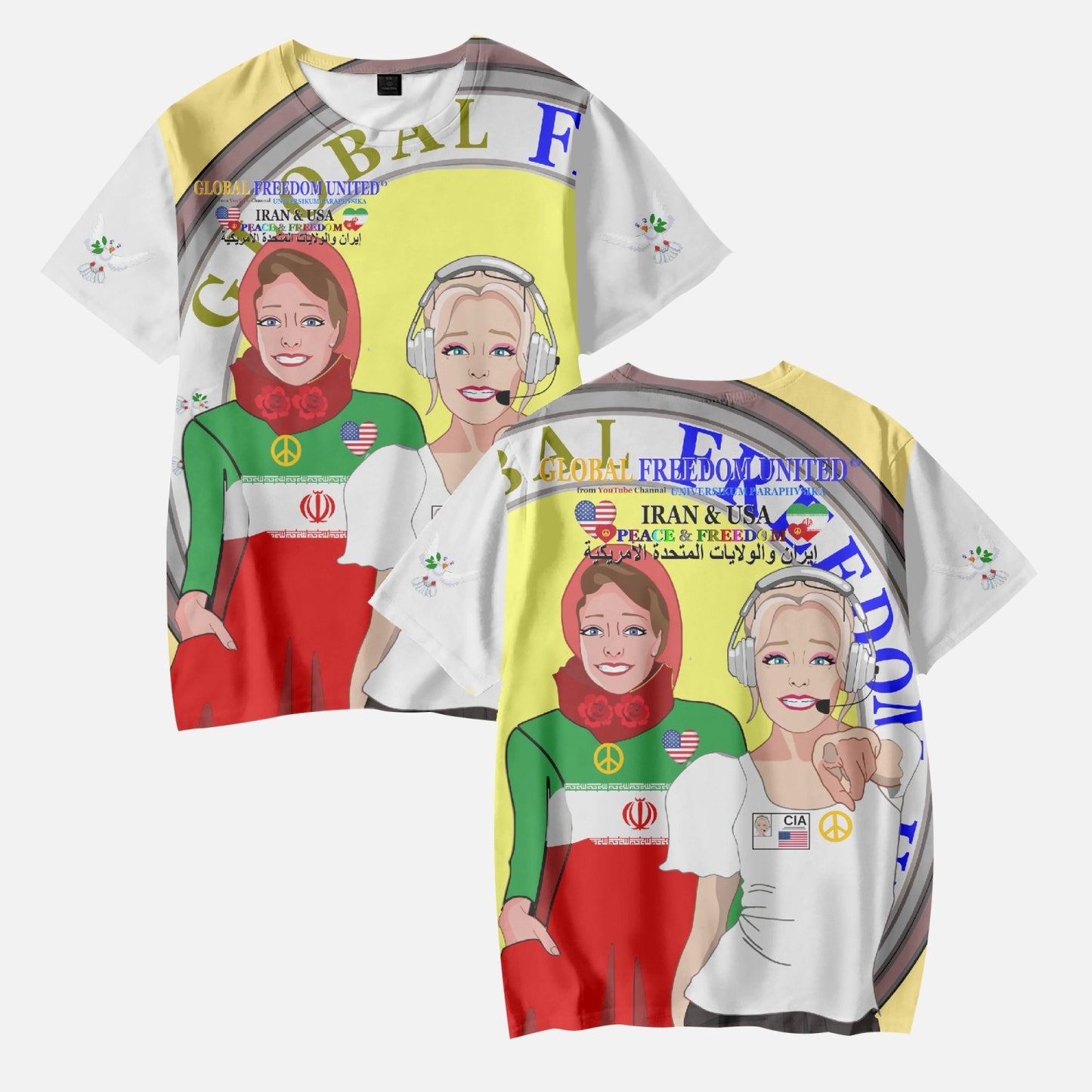 GLOBAL FREEDOM UNITED GIRLS IRAN & USA OLD PEACE YELLOW AOP Kids' Short T-Shirts
