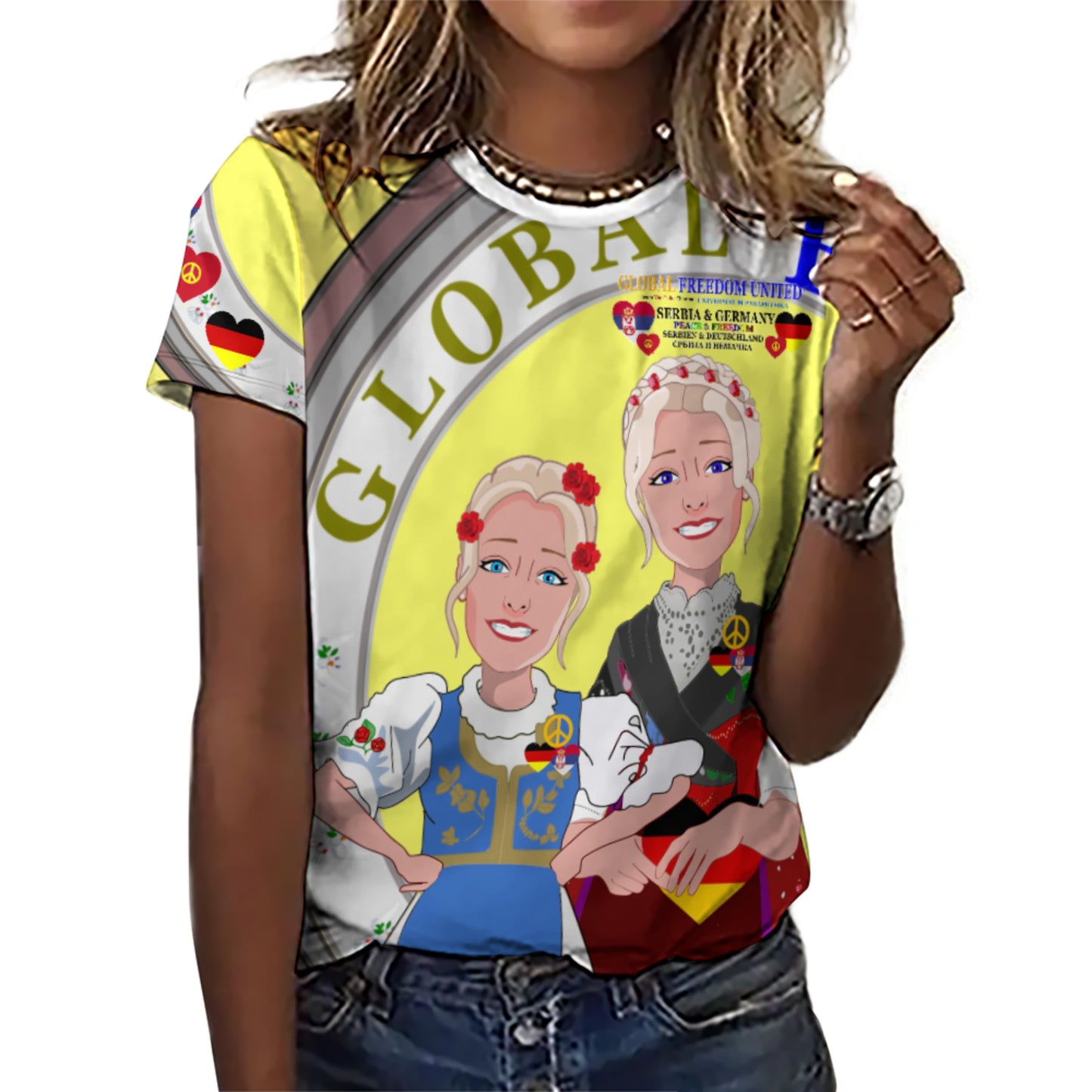 Women´s T-shirt  GLOBAL FREEDOM UNITED© Women Serbia & Germany Yellow