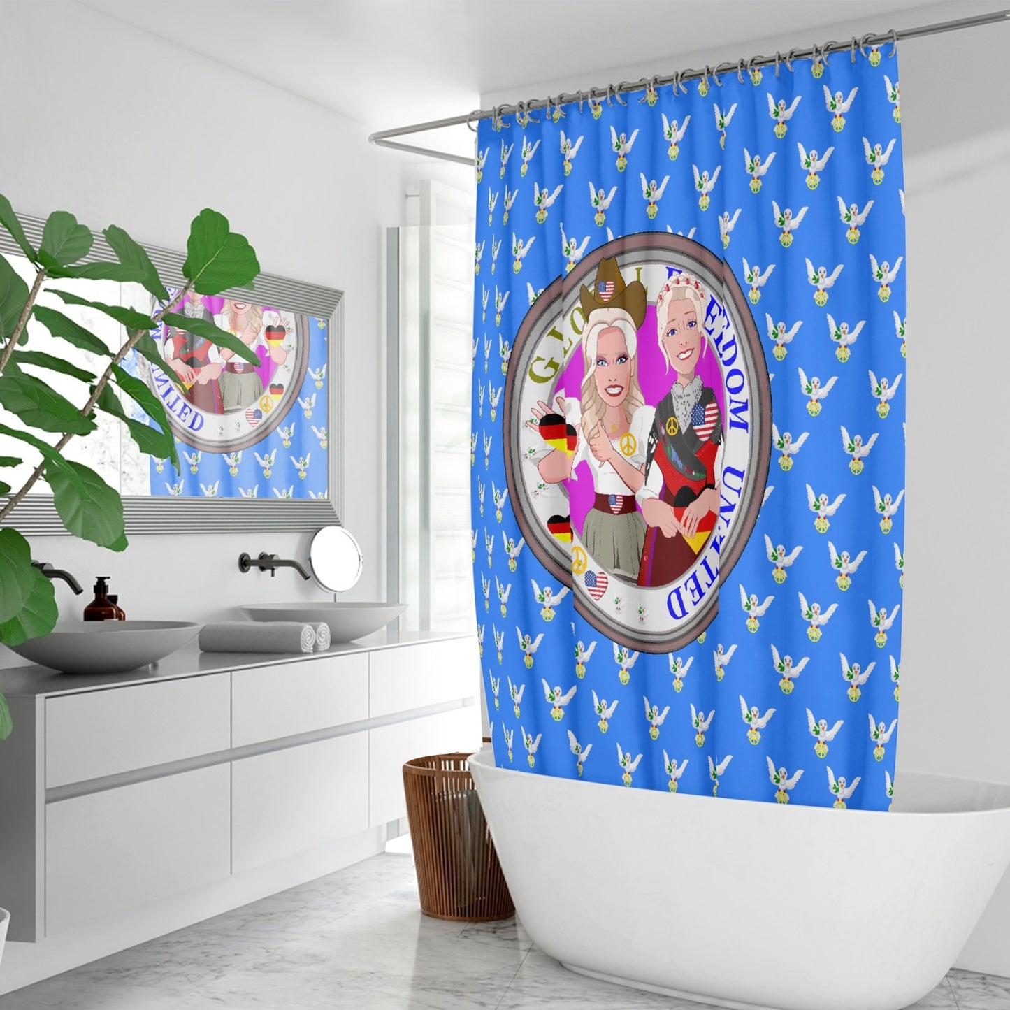 SHOWER CURTAIN GLOBAL FREEDOM UNITED WOMEN GERMANY & USA OLD PEACE BLUE