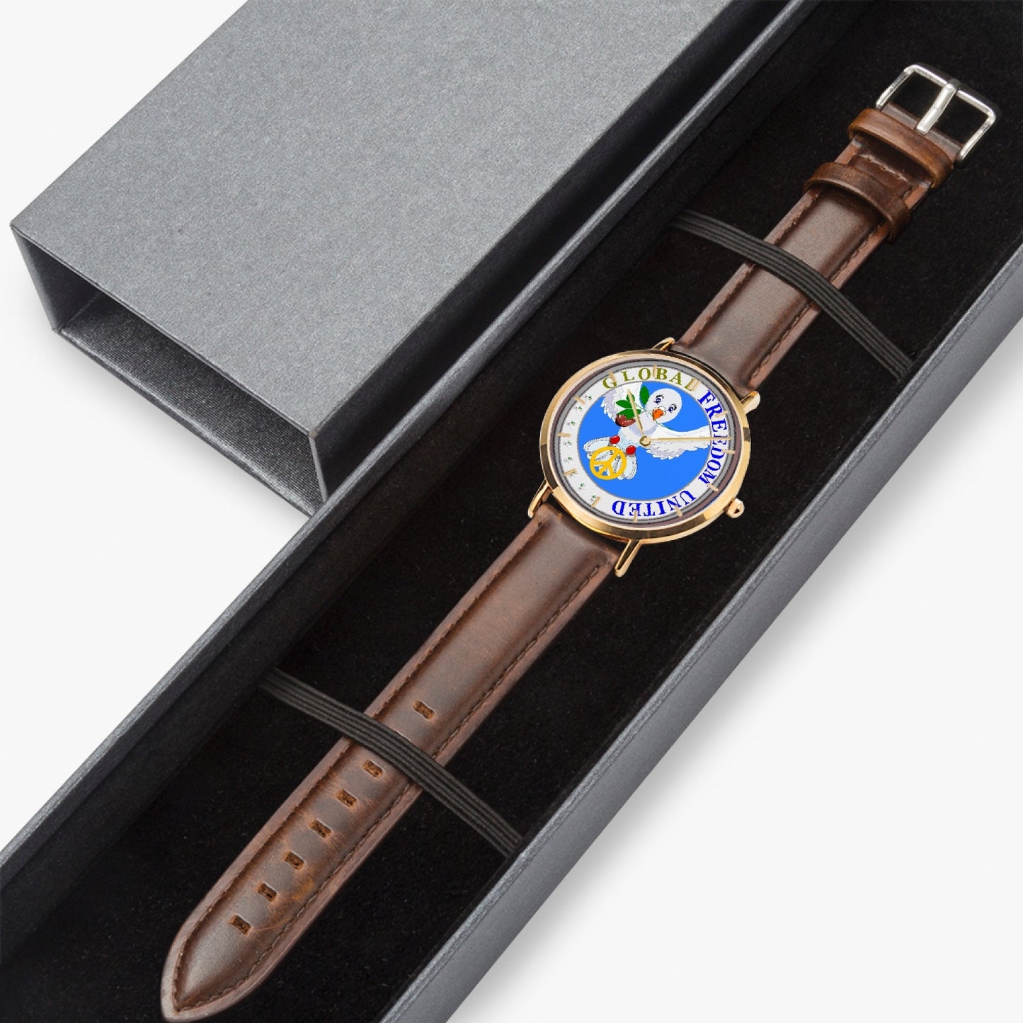 GLOBAL FREEDOM UNITED© Hot Selling Ultra-Thin Leather Strap Quartz Watch (Rose Gold With Indicators) DOVE OF PEACE  BLUE WITH PIPE