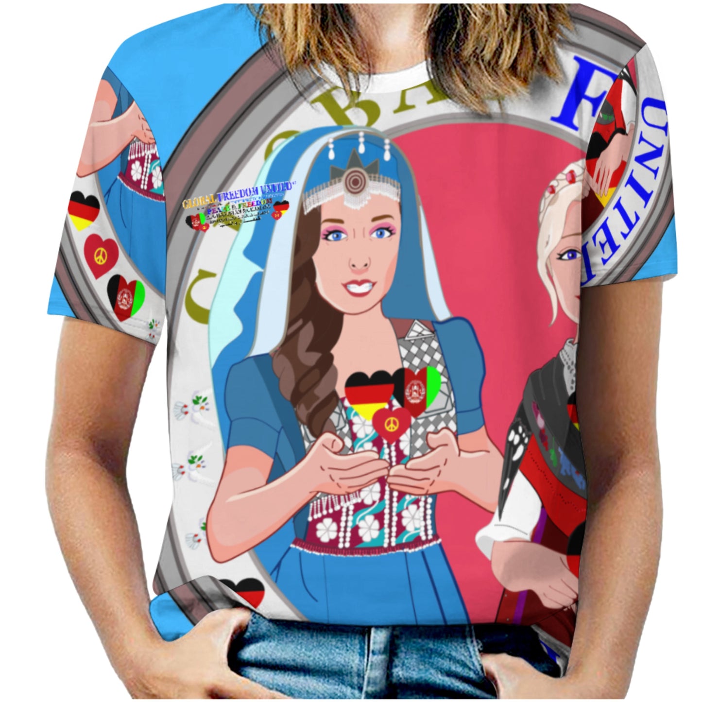 Full Print T-shirt Global Freedom United Women Afghanistan & Germany Old Peace Blue