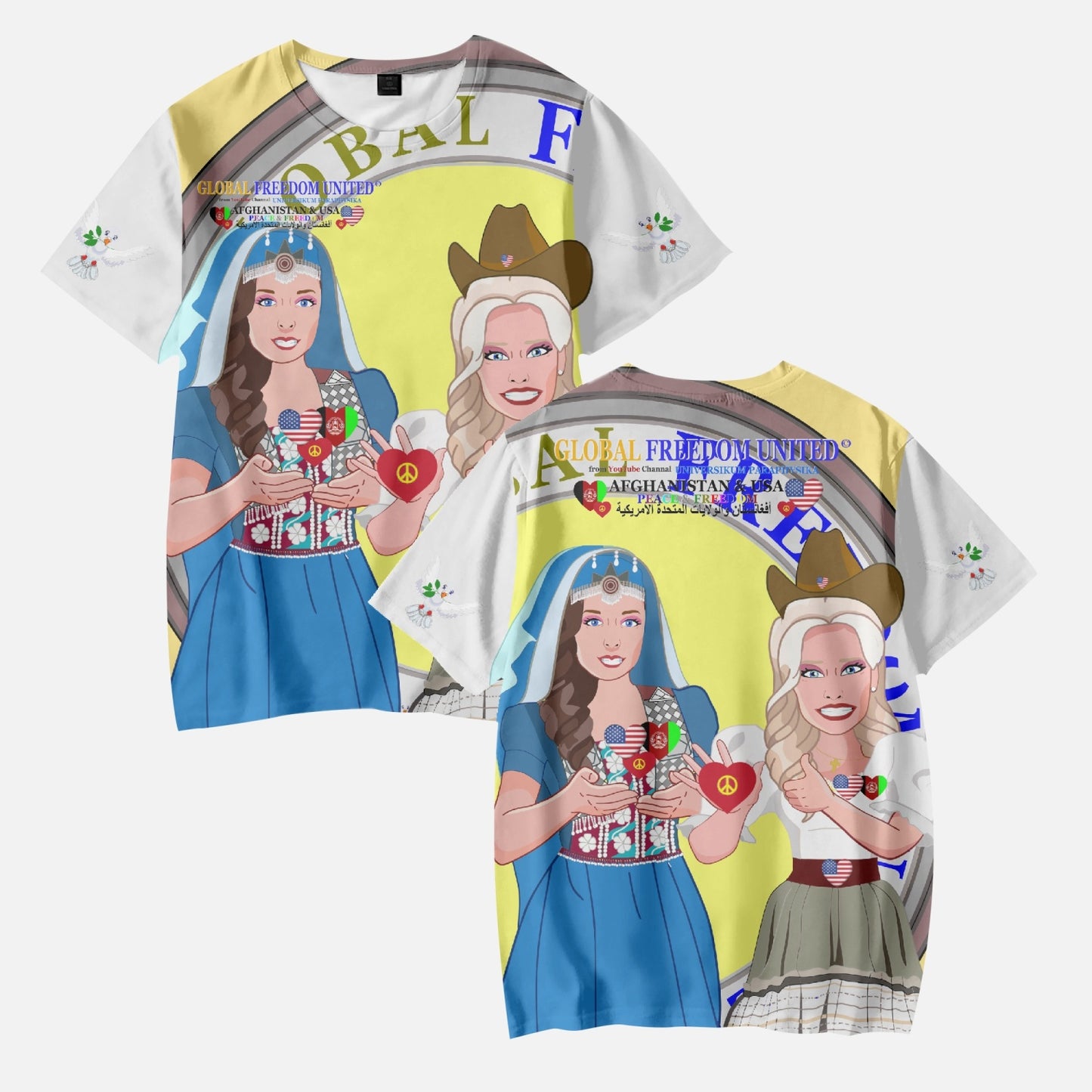 GLOBAL FREEDOM UNITED© Girl AFGHANISTAN & USA YELLOW AOP Kids' Short T-Shirts