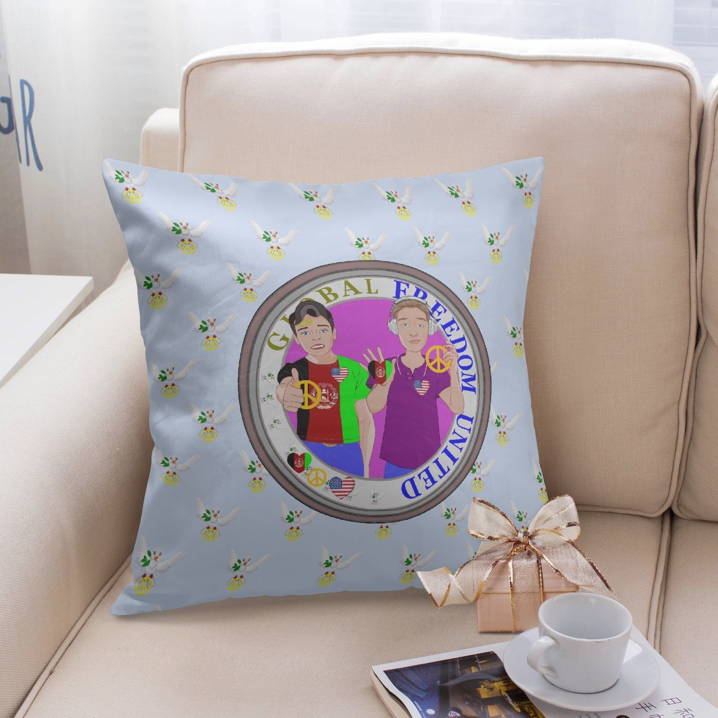 GLOBAL FREEDOM UNITED© Men AFGHANISTAN & USA  LIGHT BLUE 18'' Square Pillow Cover