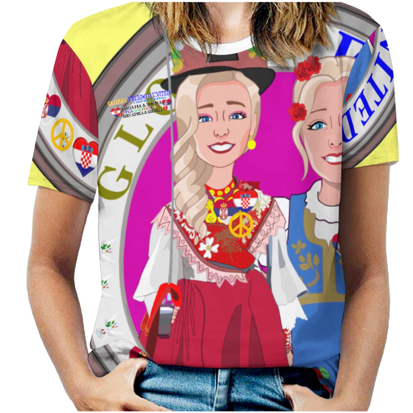 Women´s T-shirt 2 3 GLOBAL FREEDOM UNITED© Women Croatia & Serbia Blondi Yellow