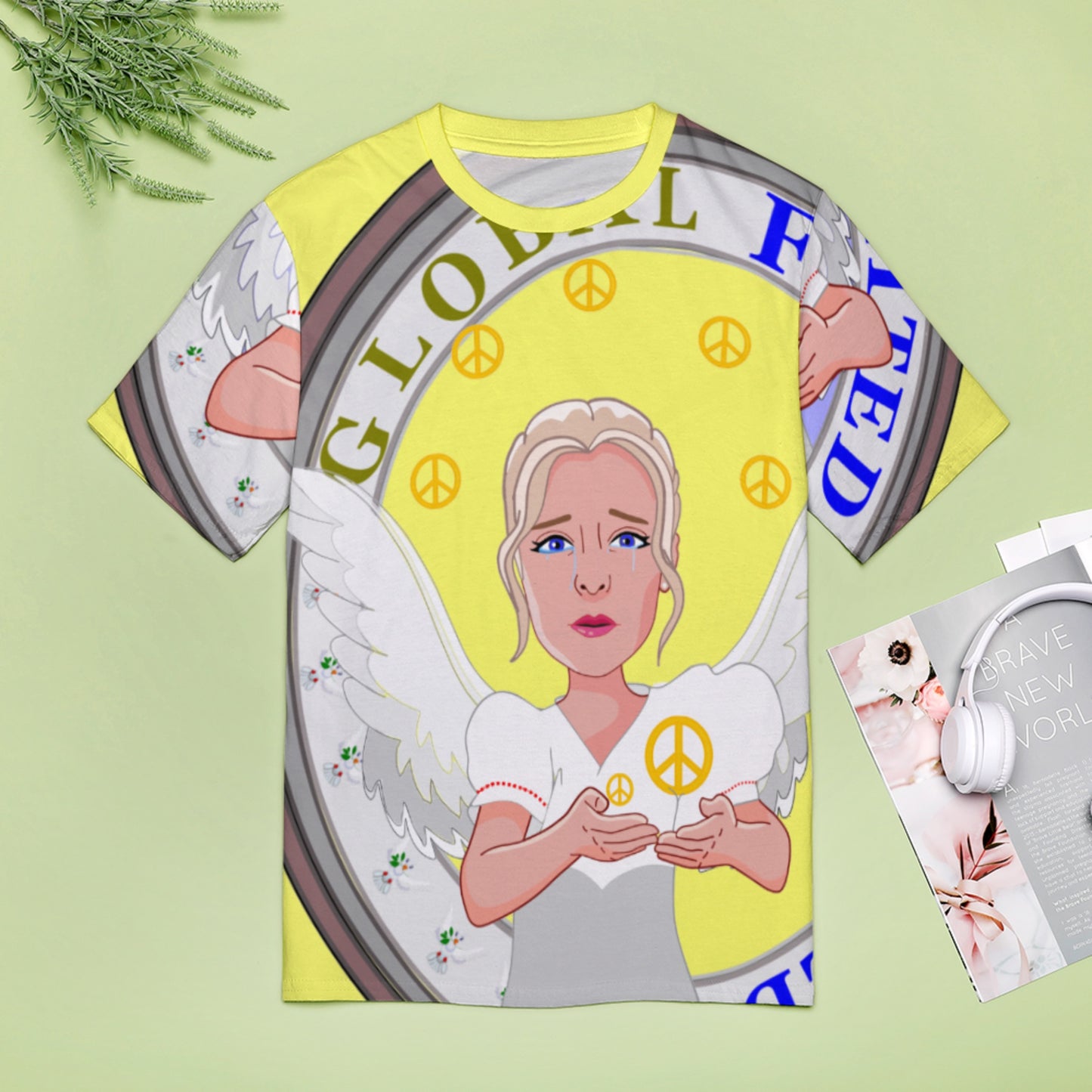 Women´s T-shirt 2 Global Freedom United Women Peace Of Angel Old Peace Yellow