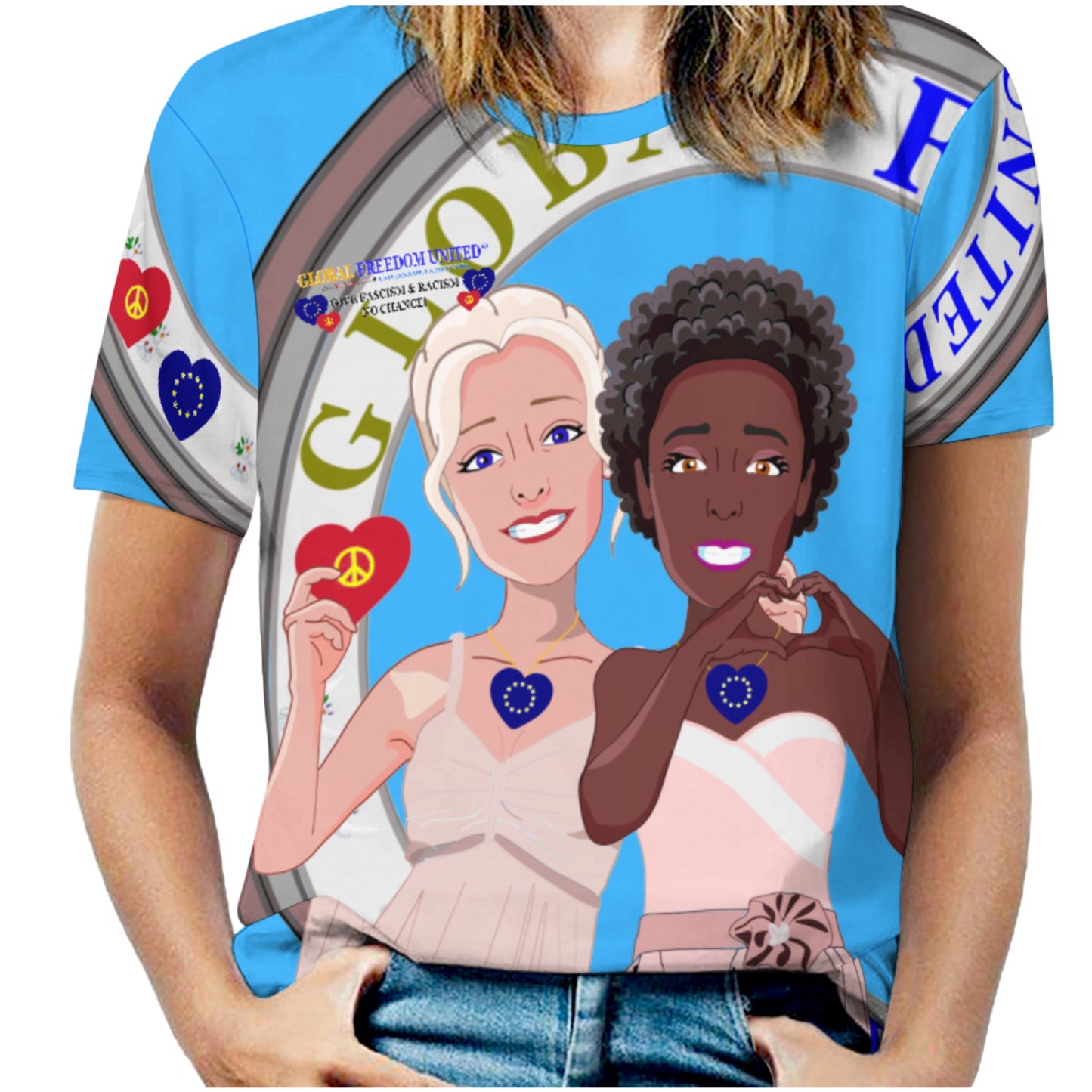 Women´s T-shirt 3 GLOBAL FREEDOM UNITED© Anti Fascism & Racism Old Peace  EU Blue