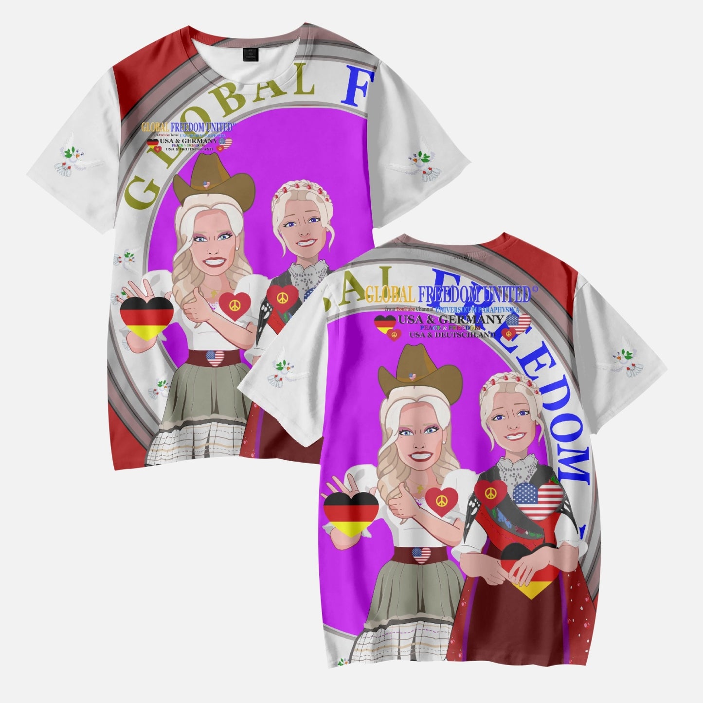 GLOBAL FREEDOM UNITED GIRLS USA & GERMANY OLD PEACE RED AOP Kids' Short T-Shirts