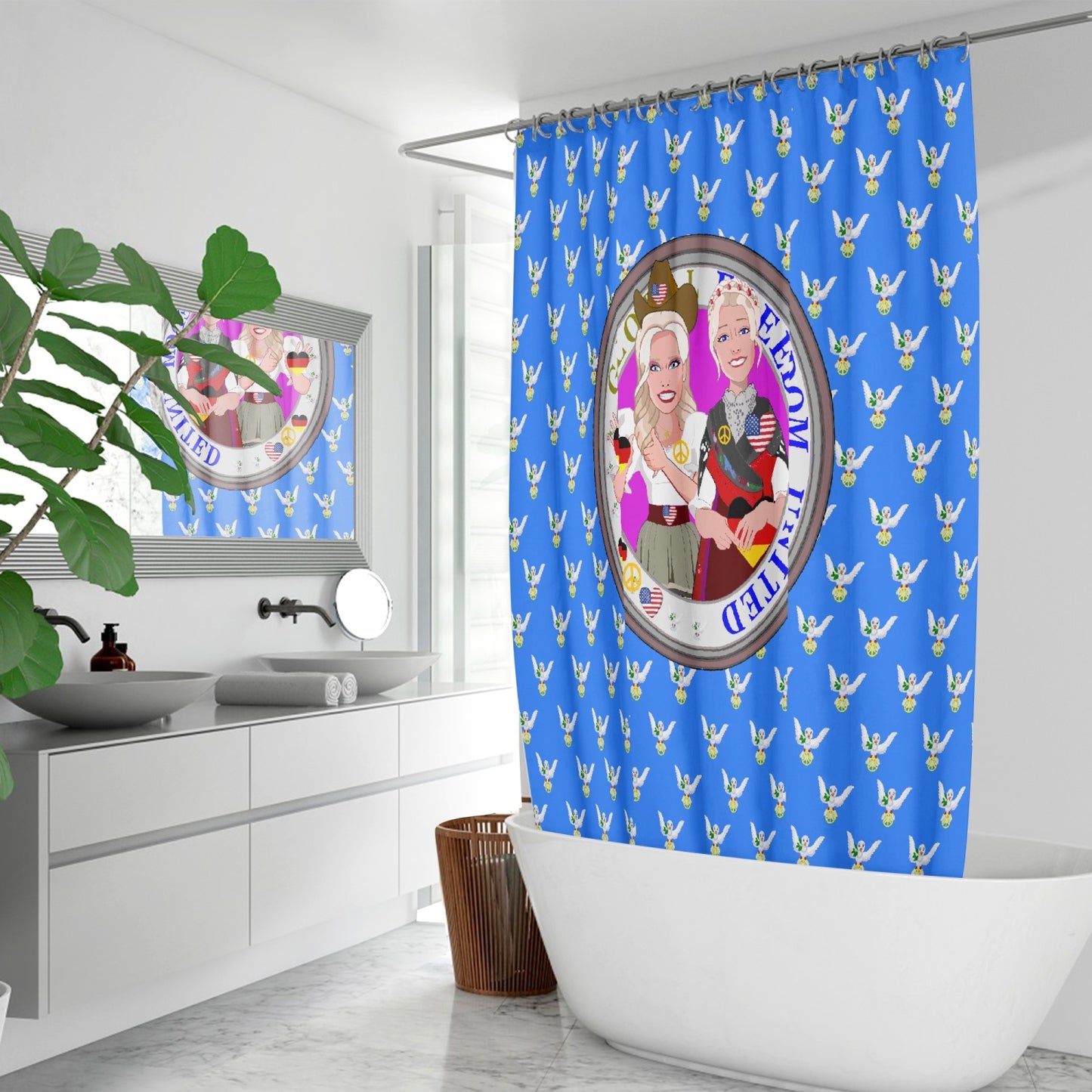 SHOWER CURTAIN GLOBAL FREEDOM UNITED WOMEN GERMANY & USA OLD PEACE BLUE
