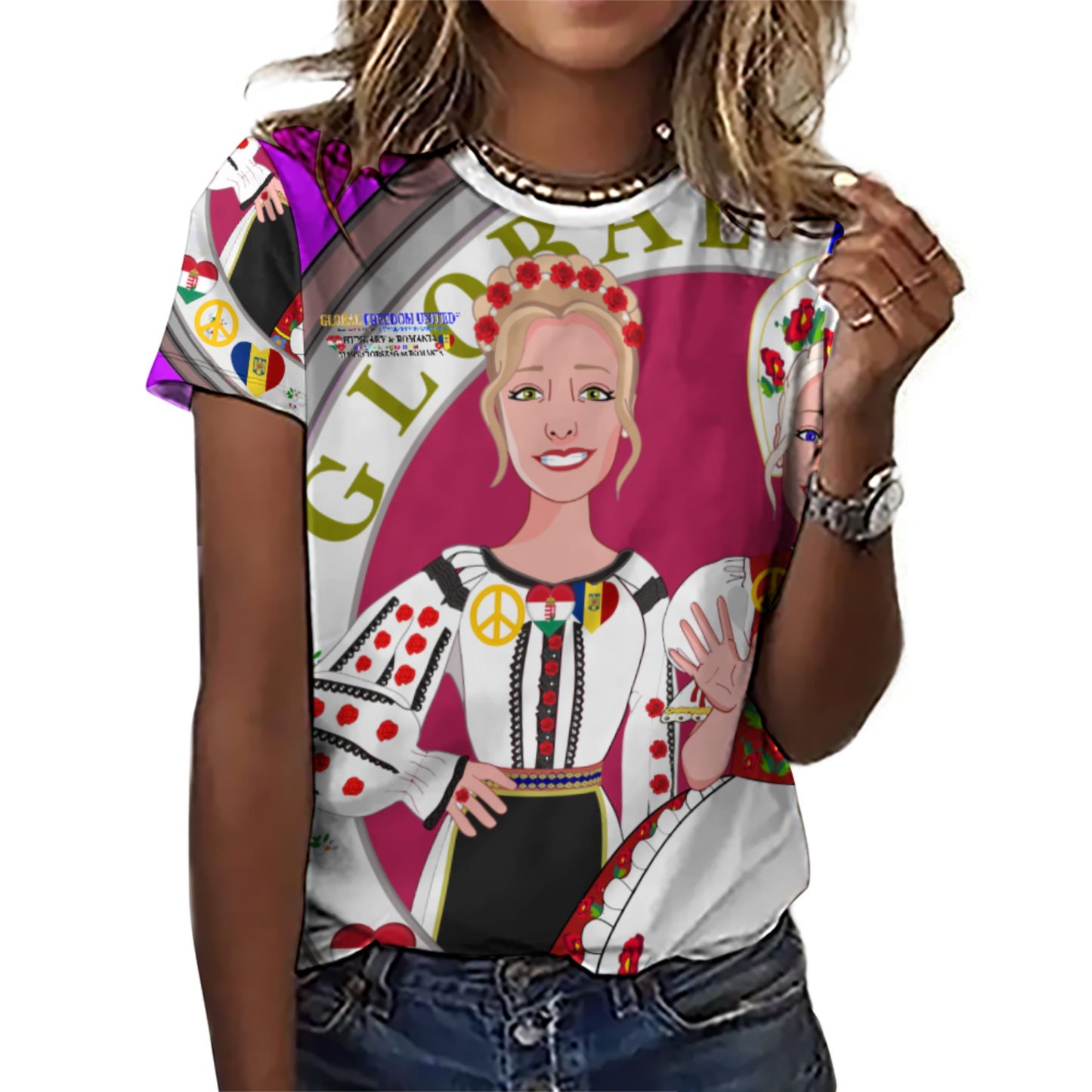 Full Print T-shirt 3 GLOBAL FREEDOM UNITED© Women Romania & Hungary Lilac