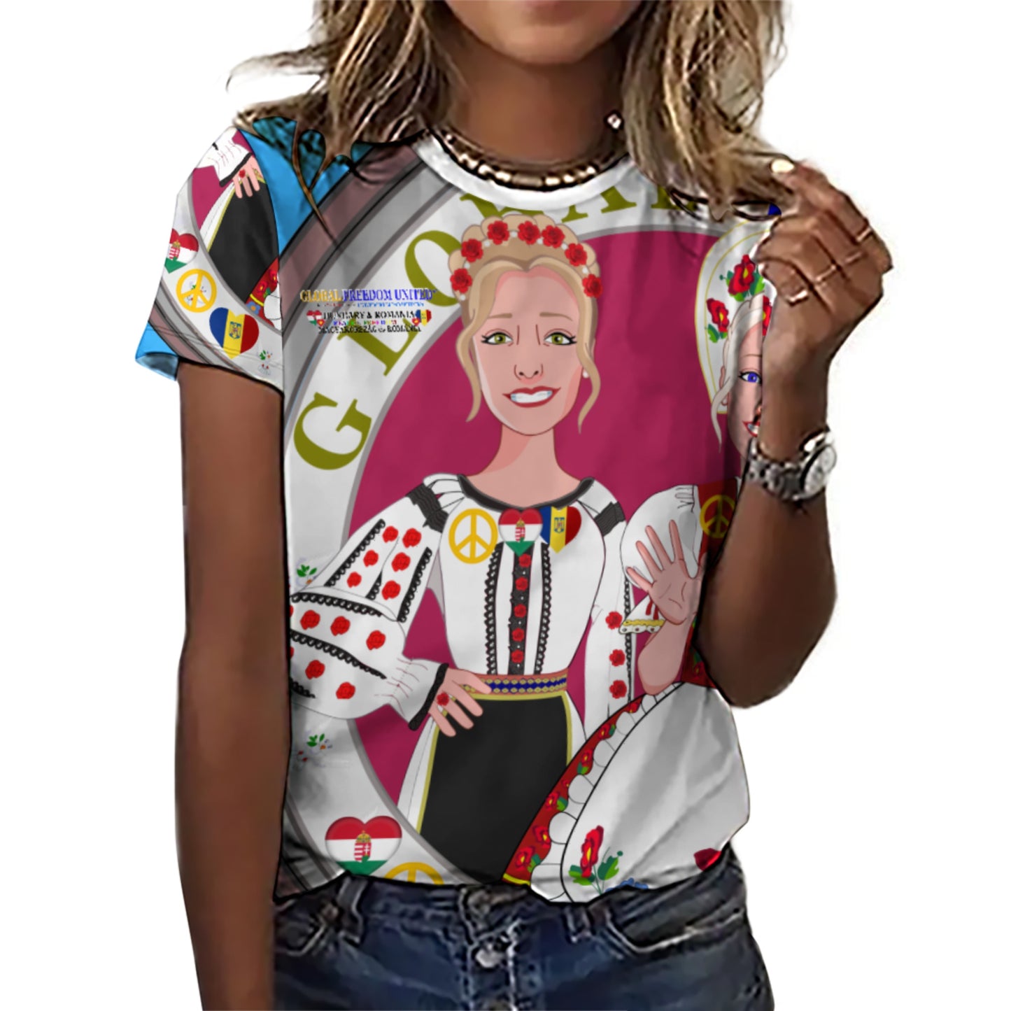 Full Print T-shirt 3 GLOBAL FREEDOM UNITED© Women Romania & Hungary Blue