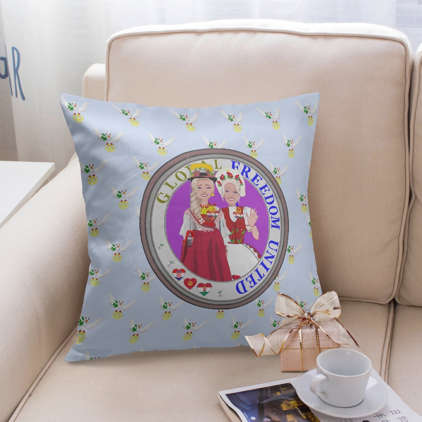 GLOBAL FREEDOM UNITED© Women CROATIA & HUNGARY Light Blue 18'' Square Pillow Cover