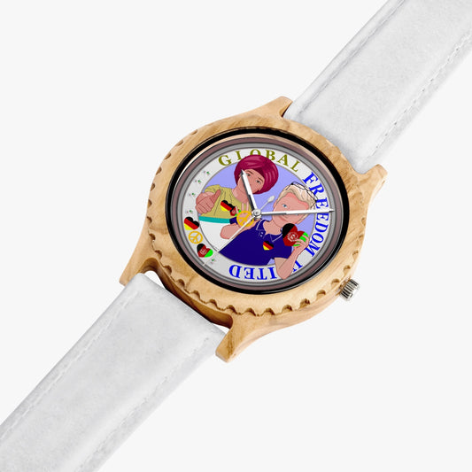 GLOBAL FREEDOM UNITED© Men AFGHANISTAN & GERMANY - Italian Olive Lumber Wooden Watch - Leather Strap
