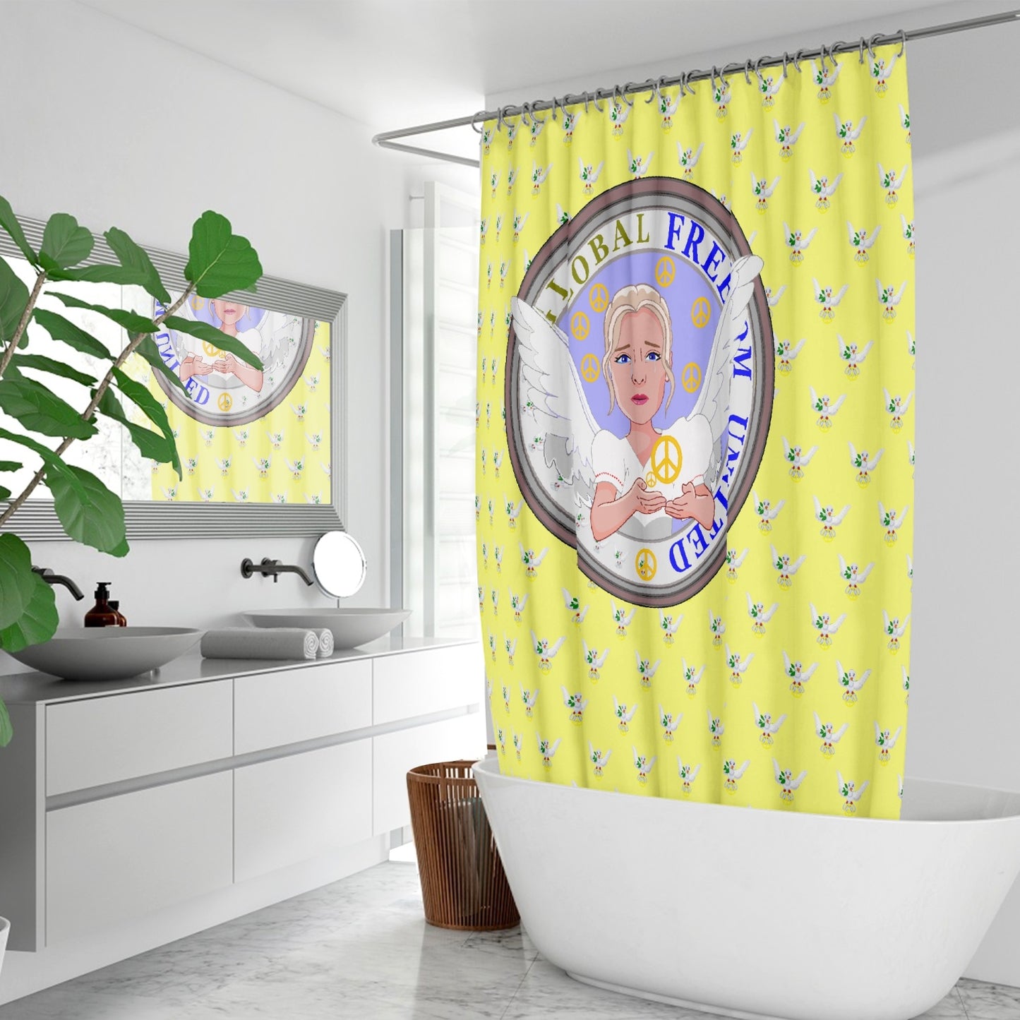 Quick-drying Shower Curtain GLOBAL FREEDOM UNITED WOMEN ANGEL OF PEACE YELLOW
