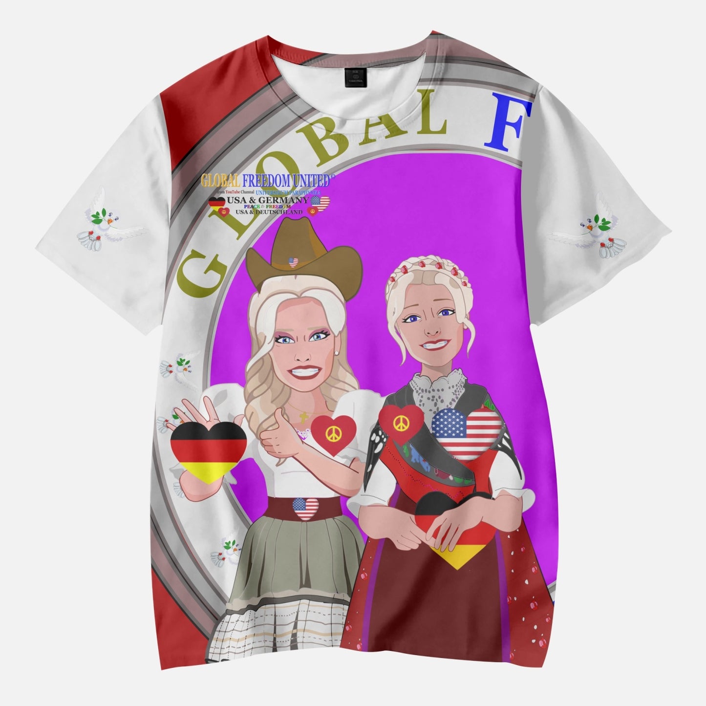 GLOBAL FREEDOM UNITED GIRLS USA & GERMANY OLD PEACE RED AOP Kids' Short T-Shirts